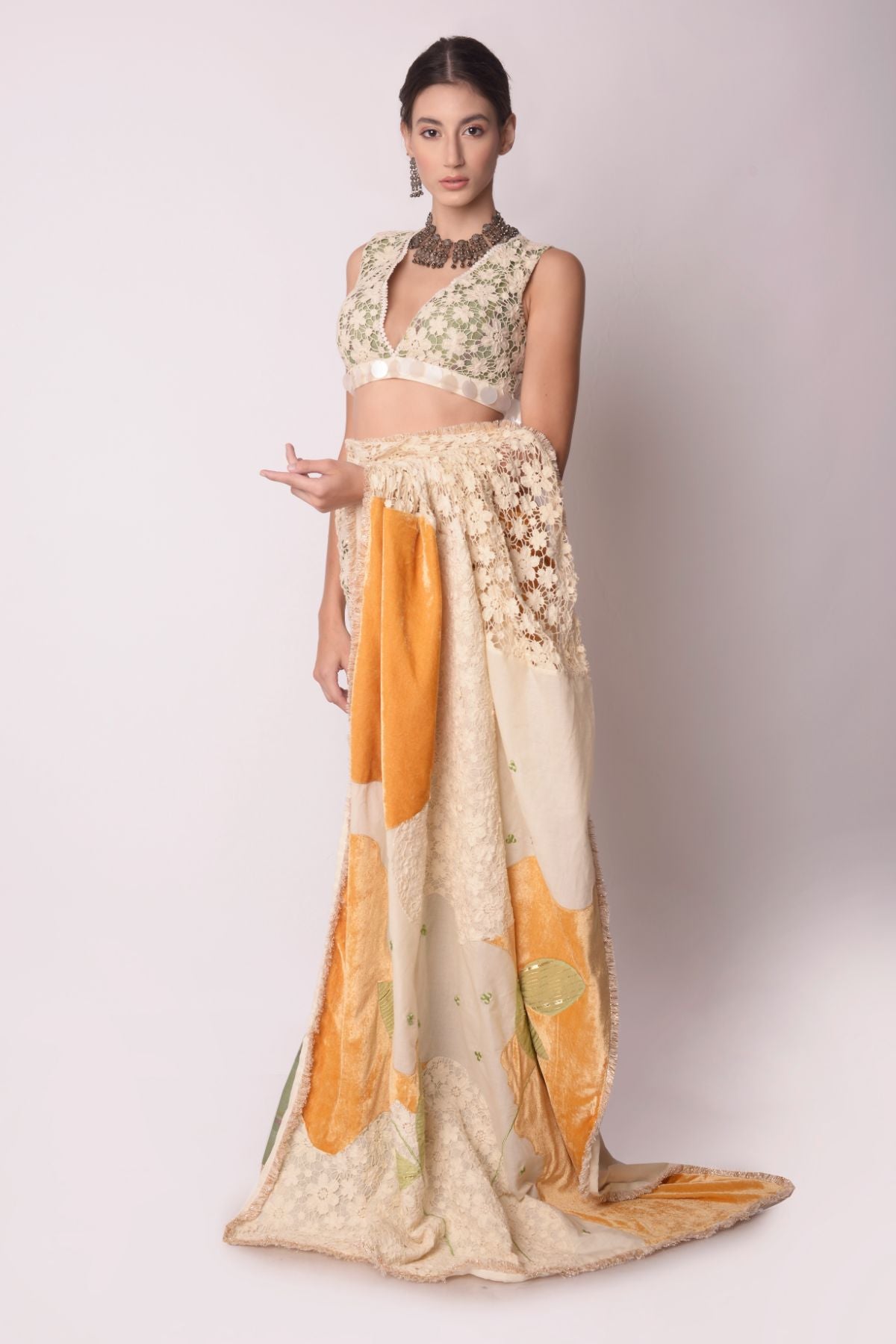 Patchwork Saree With Cutwork V-neck Blouse