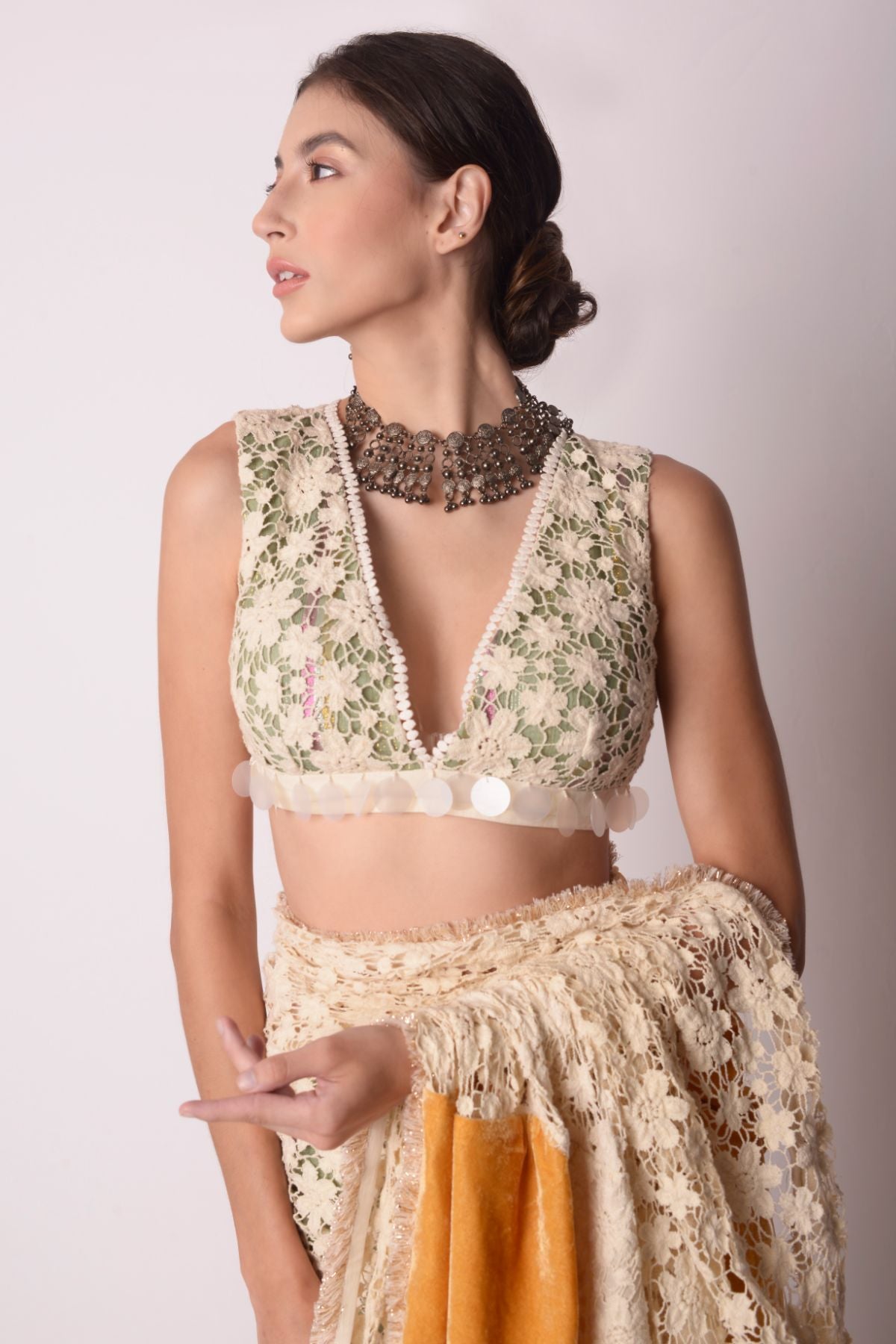 Patchwork Saree With Cutwork V-neck Blouse