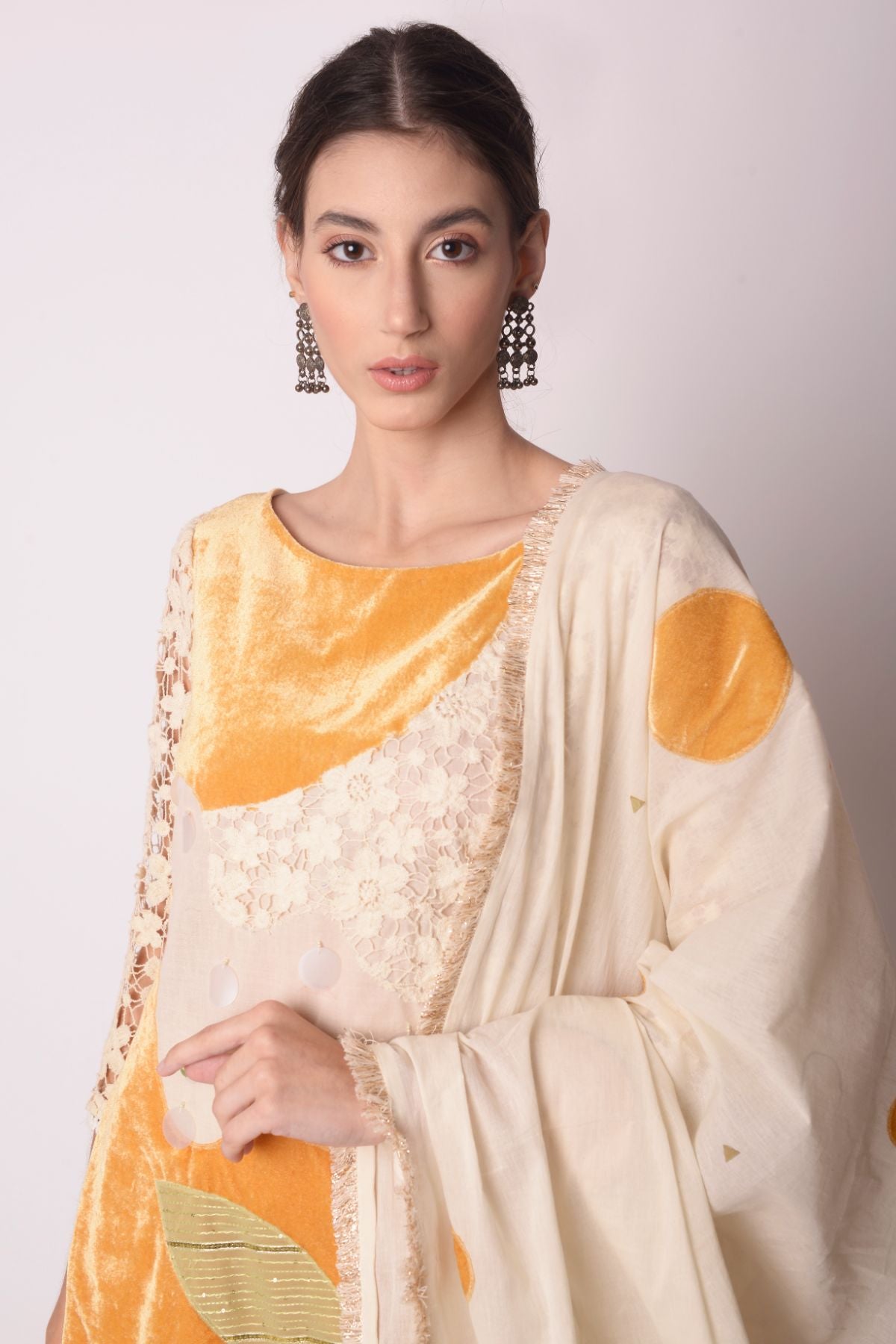 Patchwork Short Kurta With Tiered Sharara And Dupatta