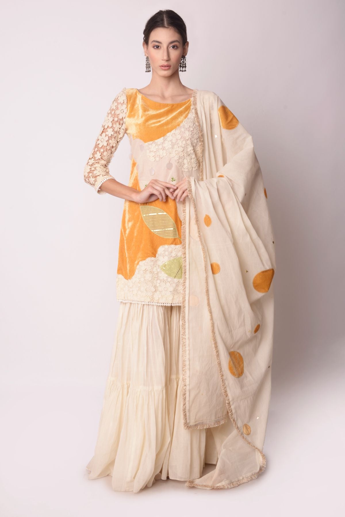 Patchwork Short Kurta With Tiered Sharara And Dupatta