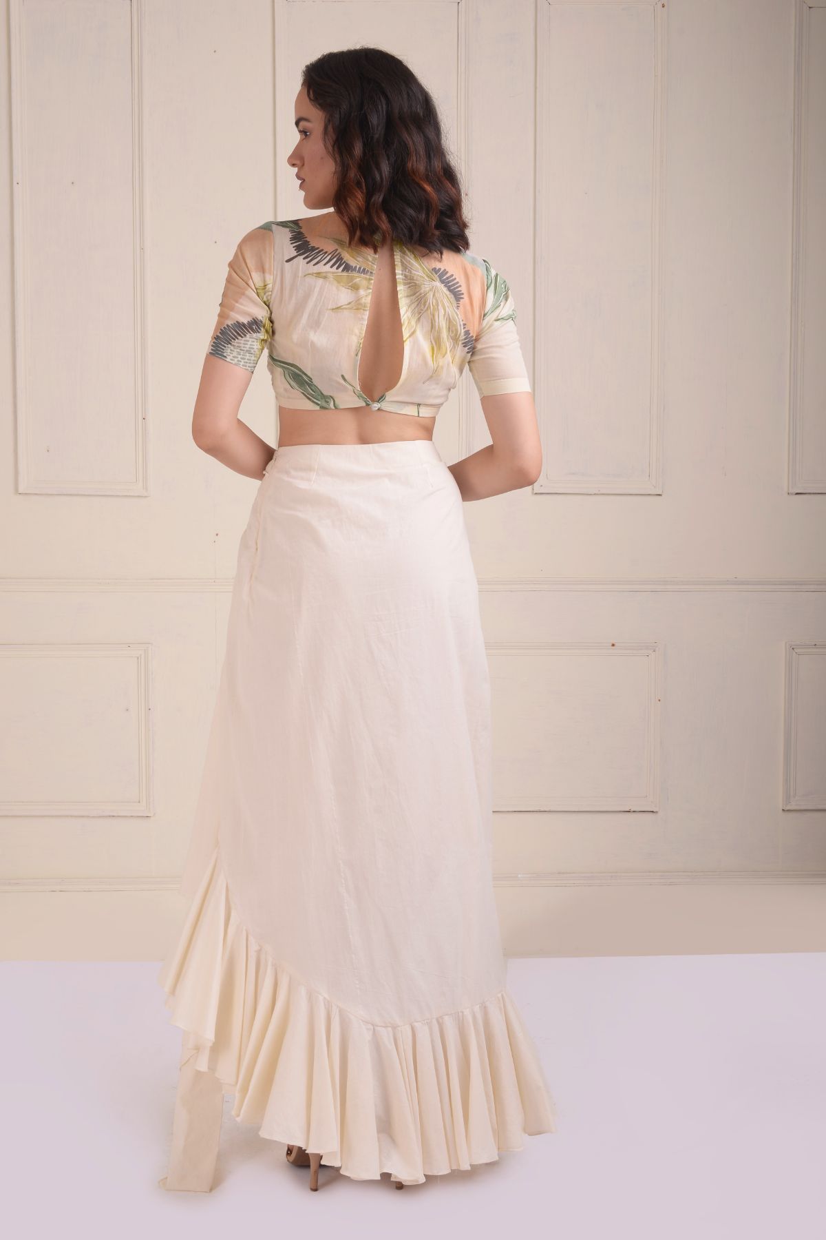 Ruched printed crop top with a draped skirt