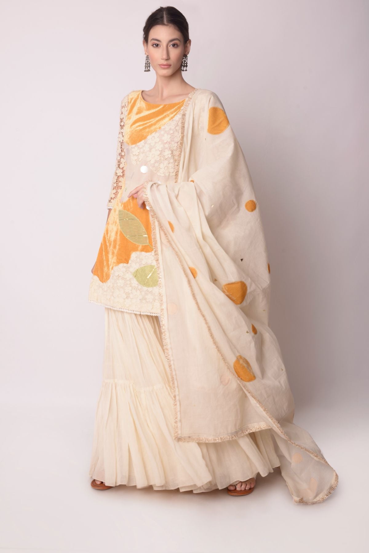 Patchwork Short Kurta With Tiered Sharara And Dupatta