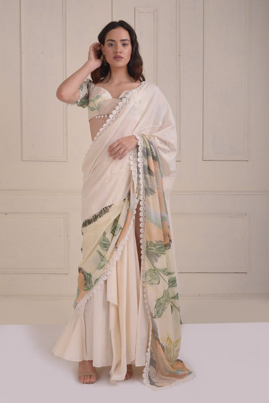 Half-n-half embroidered printed drape saree