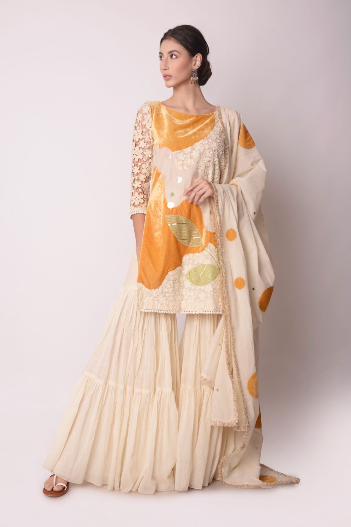 Patchwork Short Kurta With Tiered Sharara And Dupatta