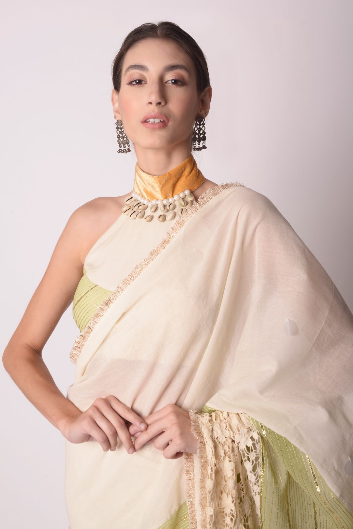 Layered Drape Saree With Patchwork Halter Tie-up Blouse