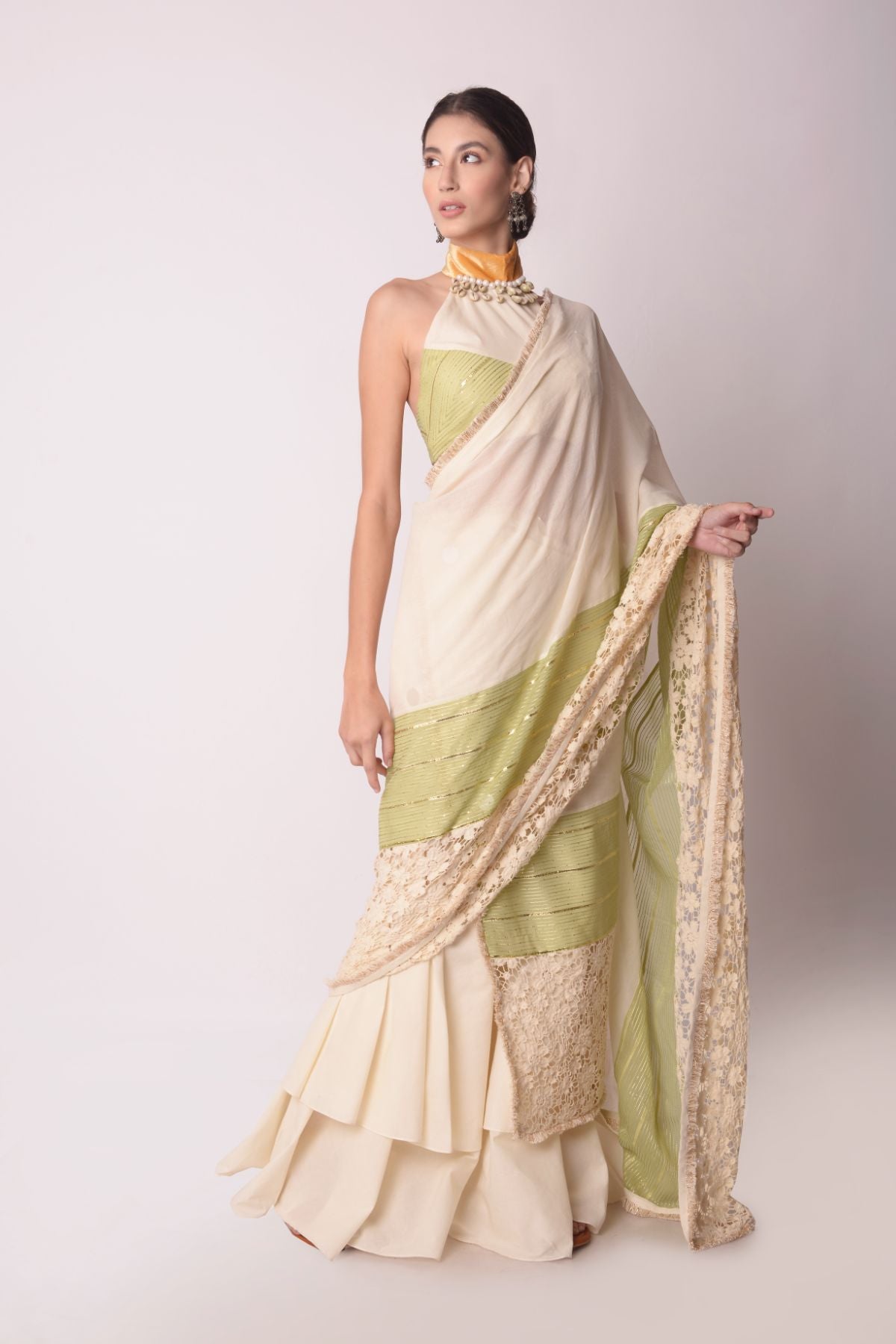 Layered Drape Saree With Patchwork Halter Tie-up Blouse