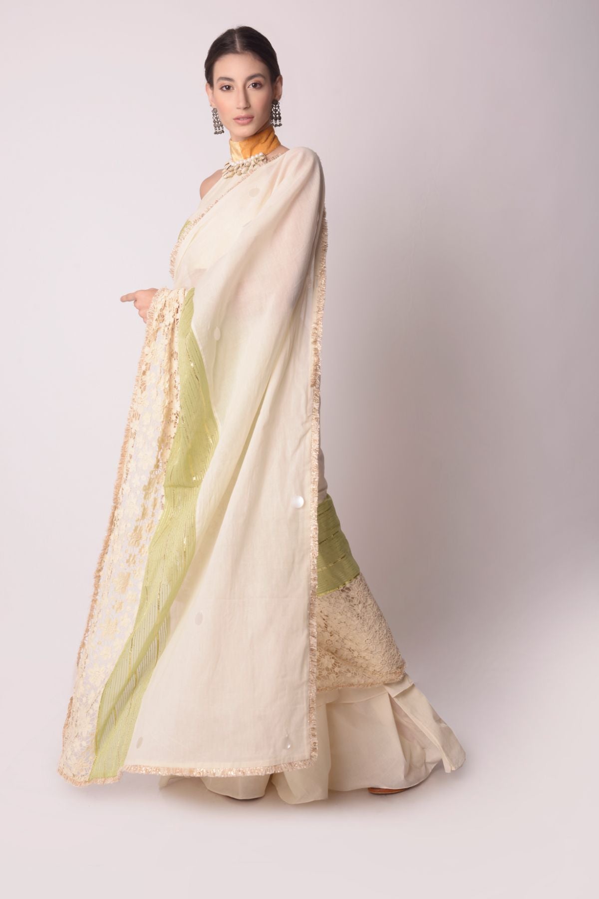 Layered Drape Saree With Patchwork Halter Tie-up Blouse