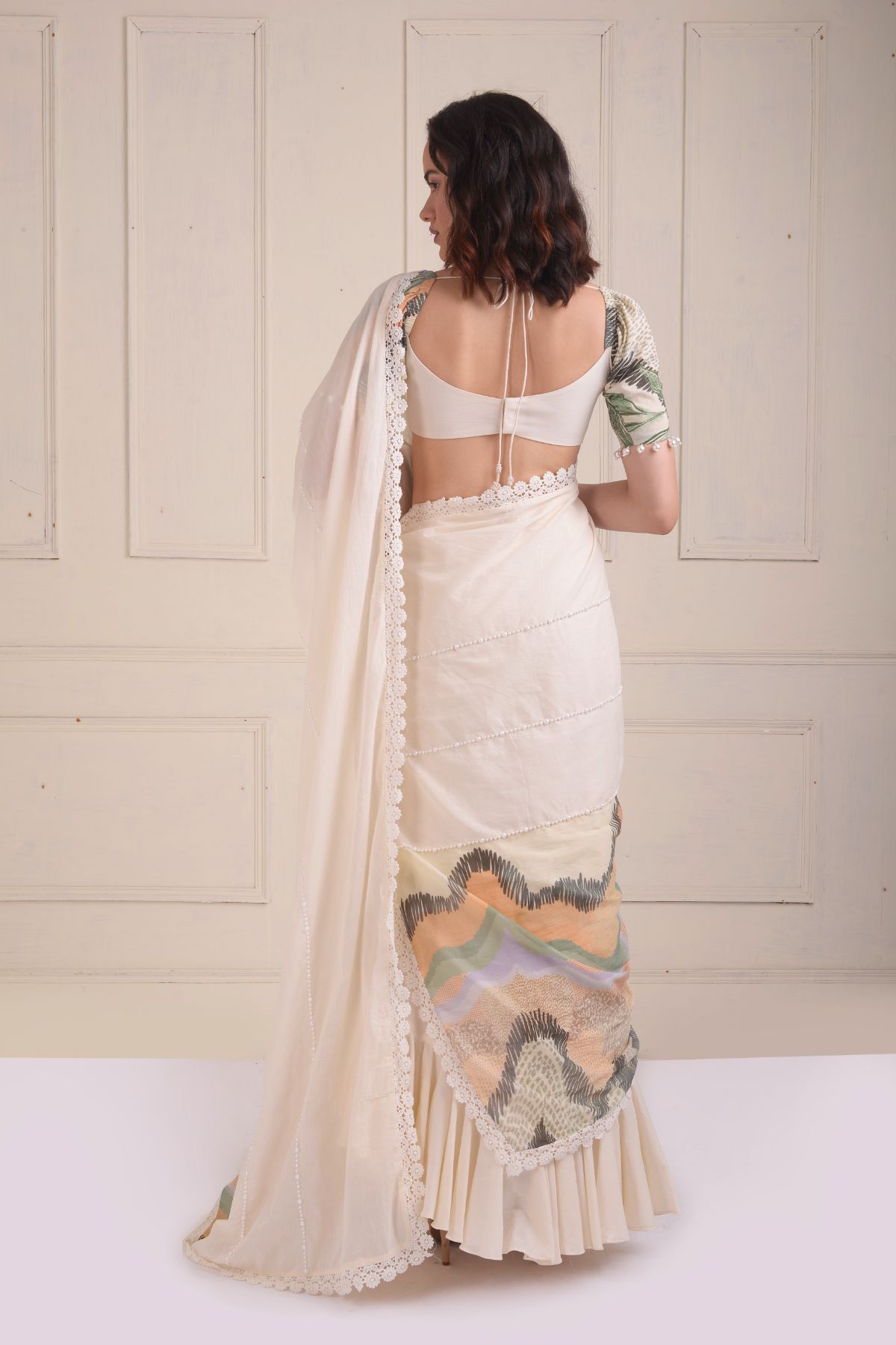 Half-n-half embroidered printed drape saree