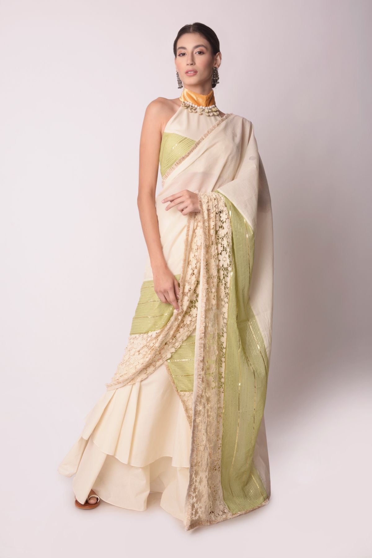Layered Drape Saree With Patchwork Halter Tie-up Blouse