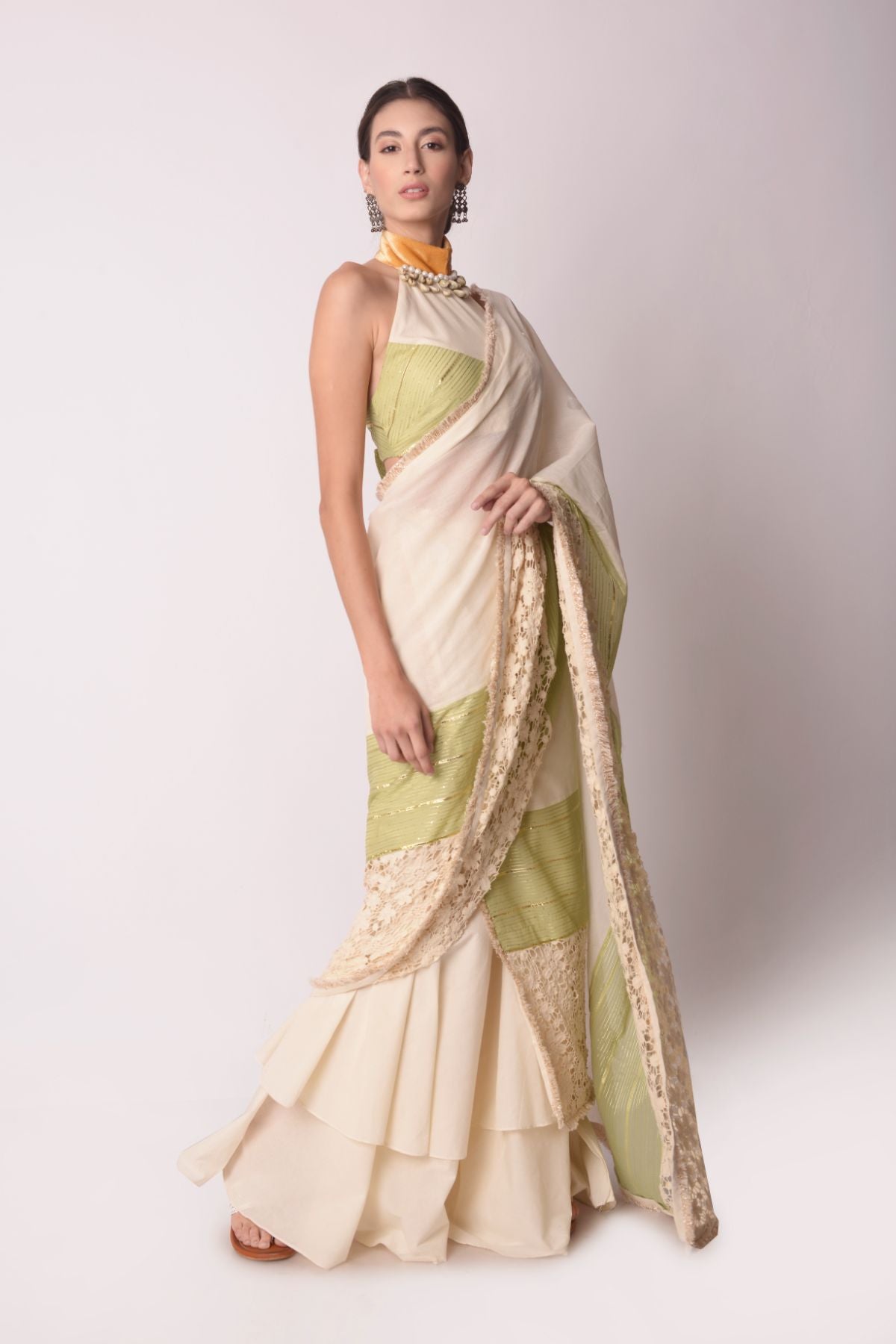 Layered Drape Saree With Patchwork Halter Tie-up Blouse