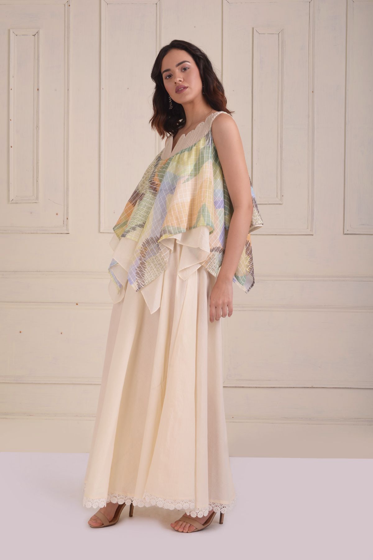 Flared printed top with a bias sharara