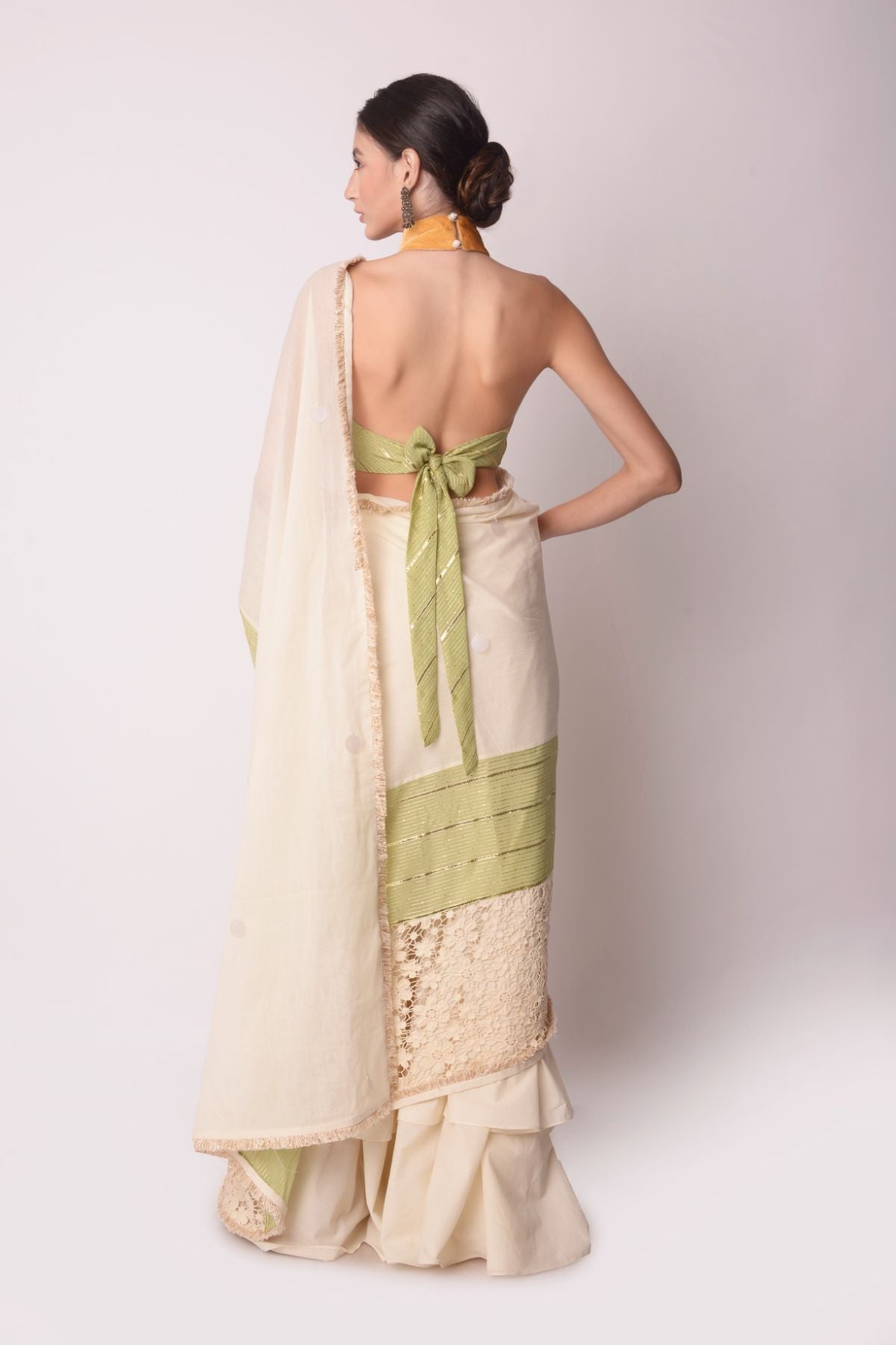 Layered Drape Saree With Patchwork Halter Tie-up Blouse