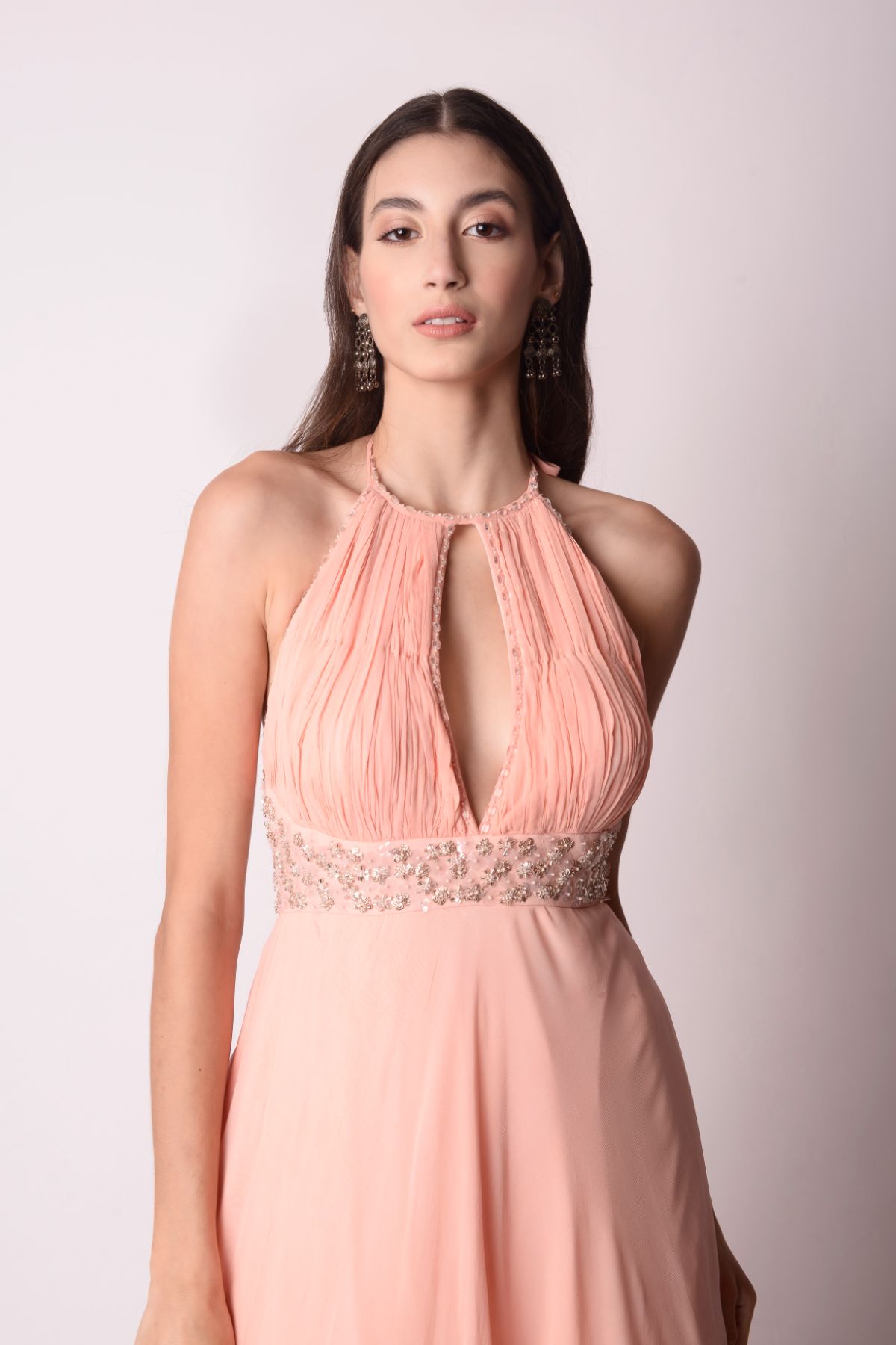 Georgette Kalidar With Gathered Yoke Paired With An Organza Dupatta