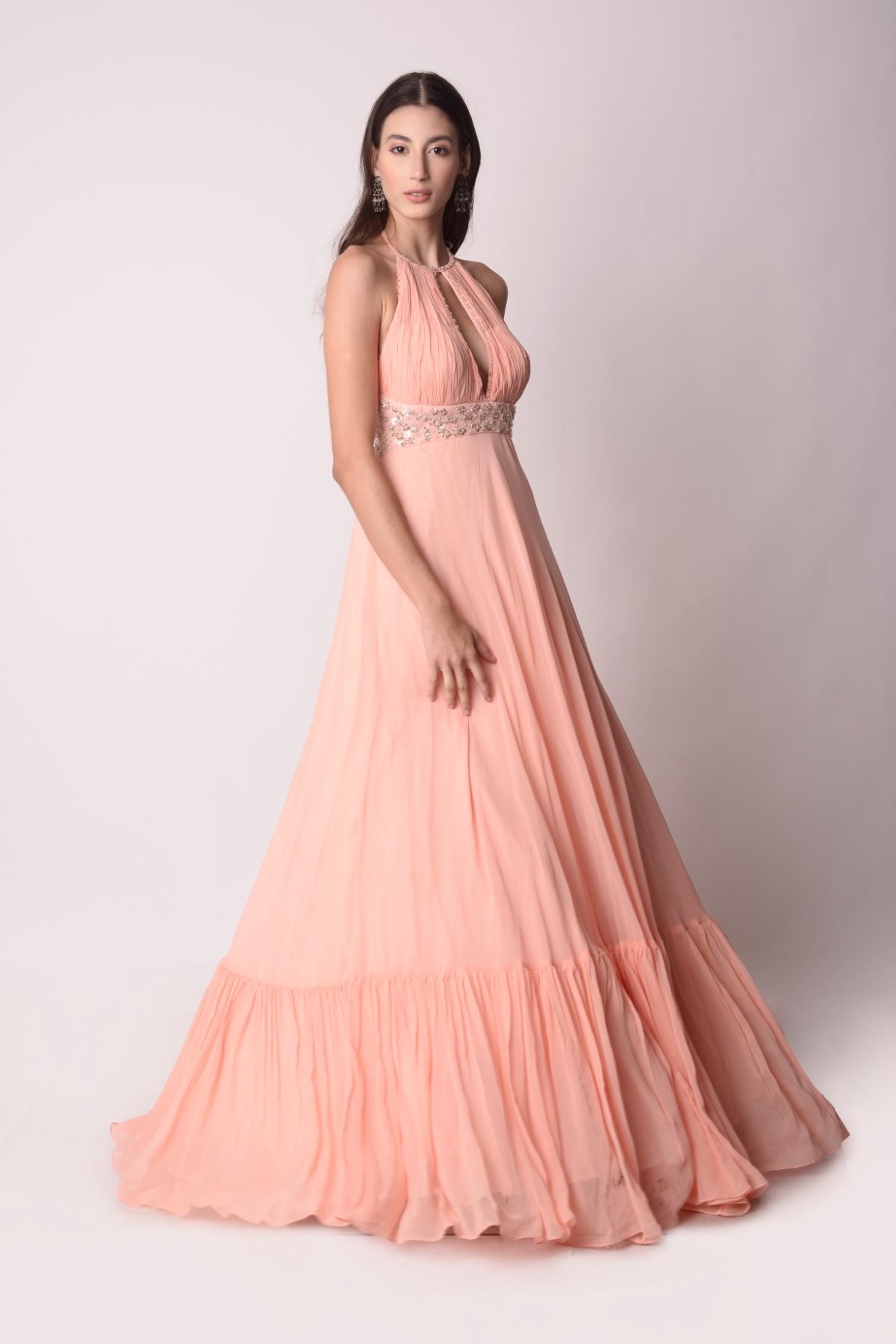 Georgette Kalidar With Gathered Yoke Paired With An Organza Dupatta