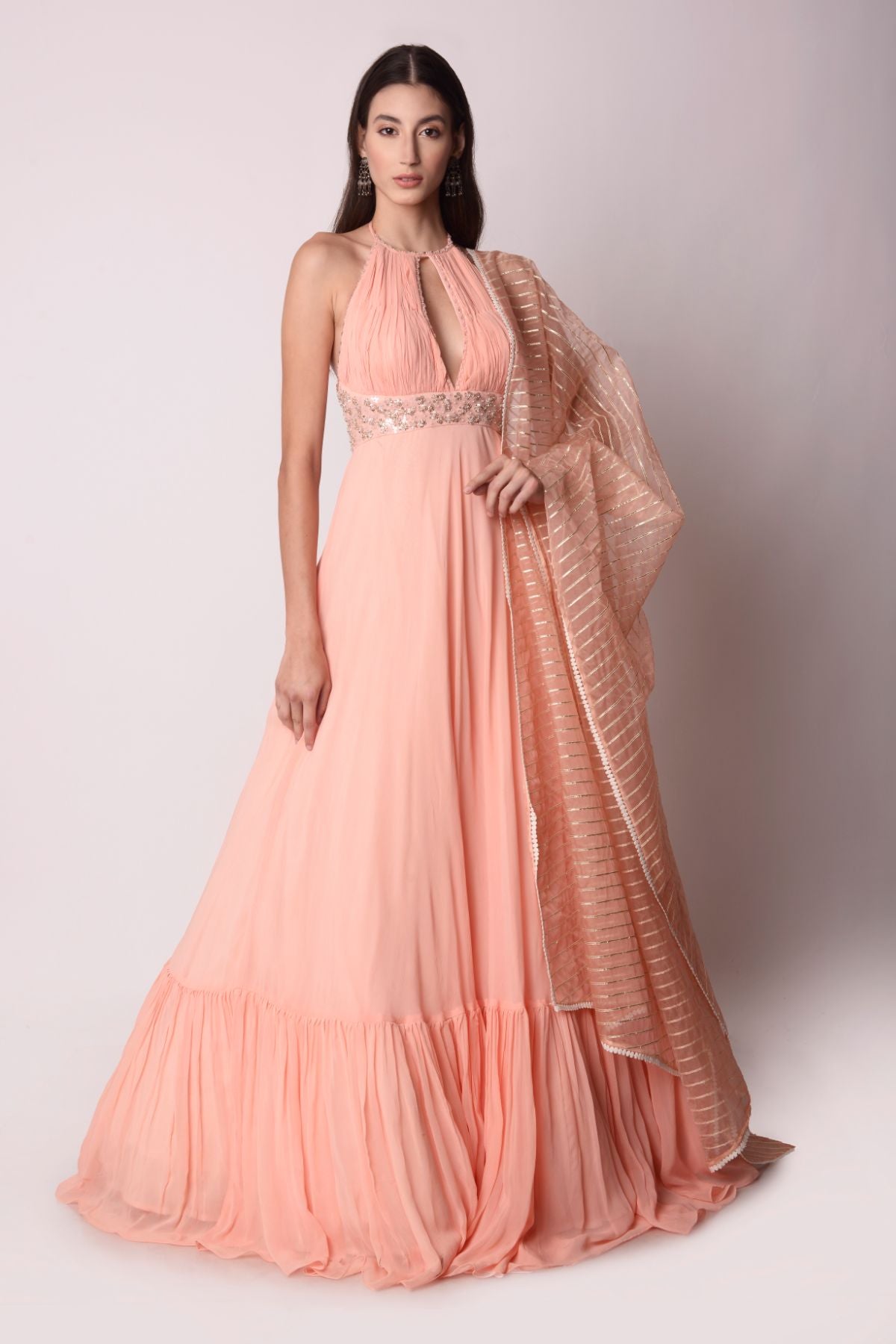 Georgette Kalidar With Gathered Yoke Paired With An Organza Dupatta
