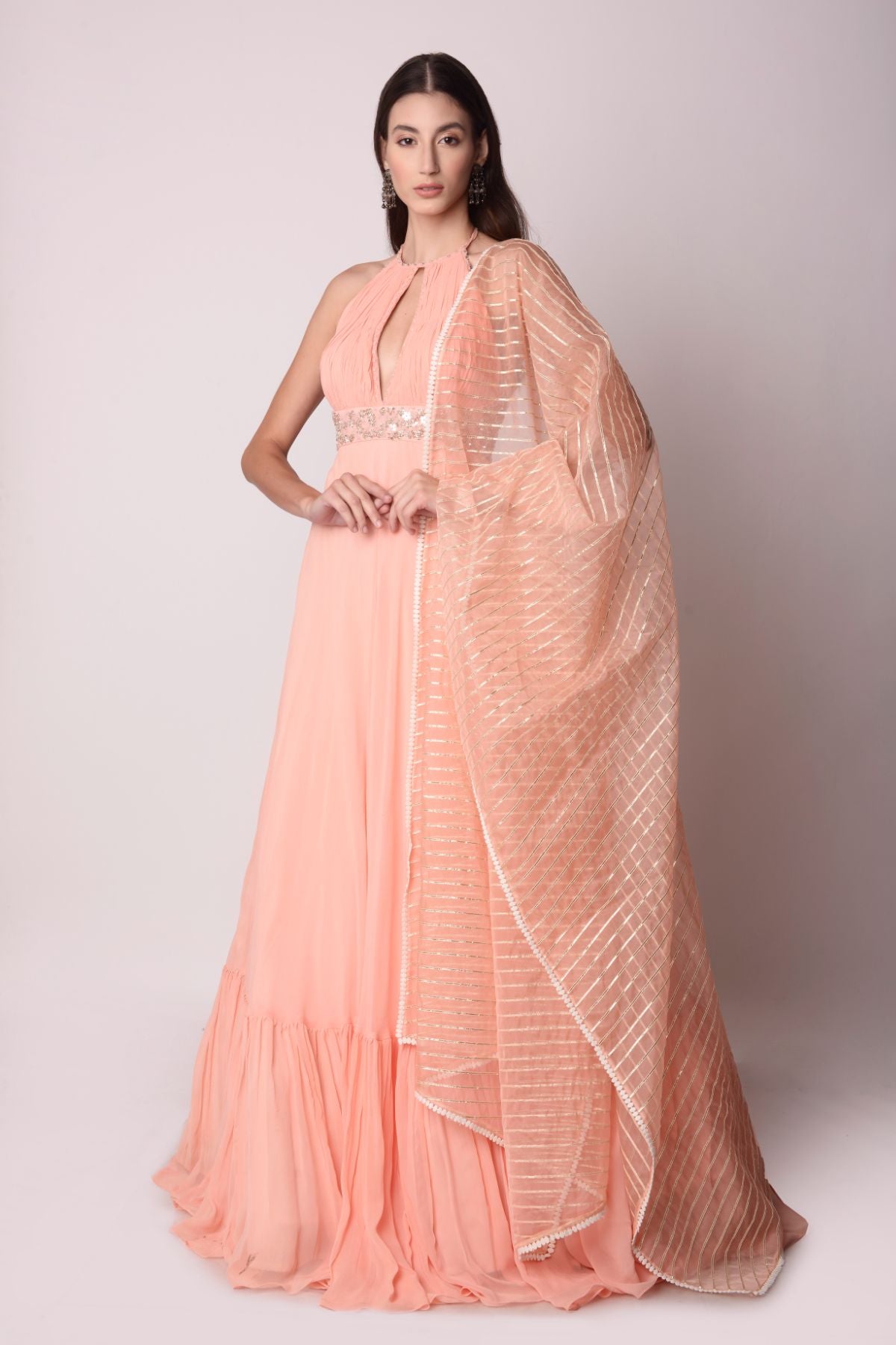 Georgette Kalidar With Gathered Yoke Paired With An Organza Dupatta
