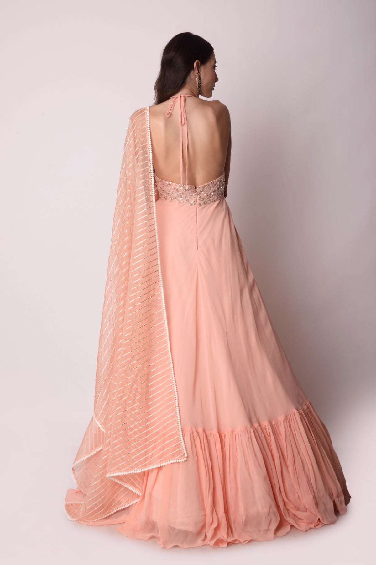 Georgette Kalidar With Gathered Yoke Paired With An Organza Dupatta