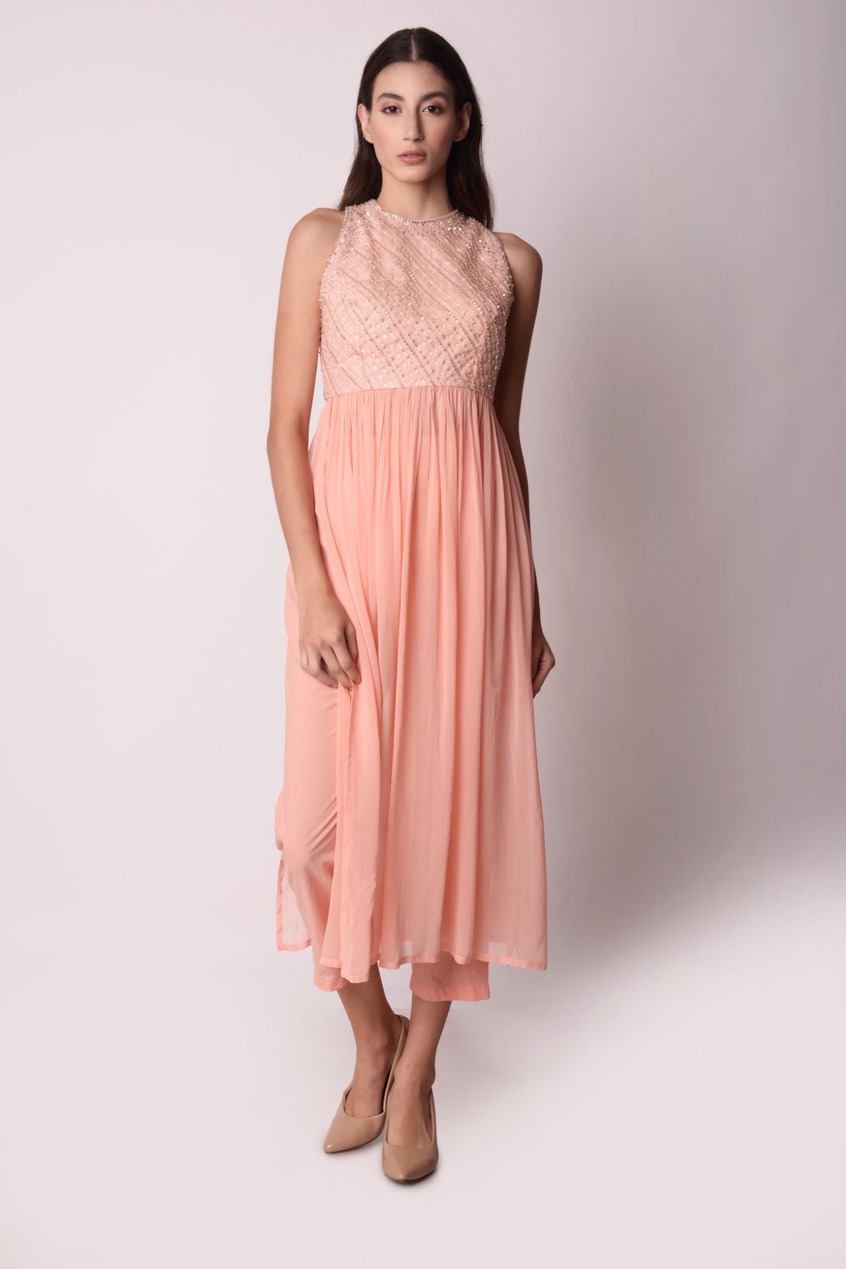 Peach Georgette Gathered Kurta Set