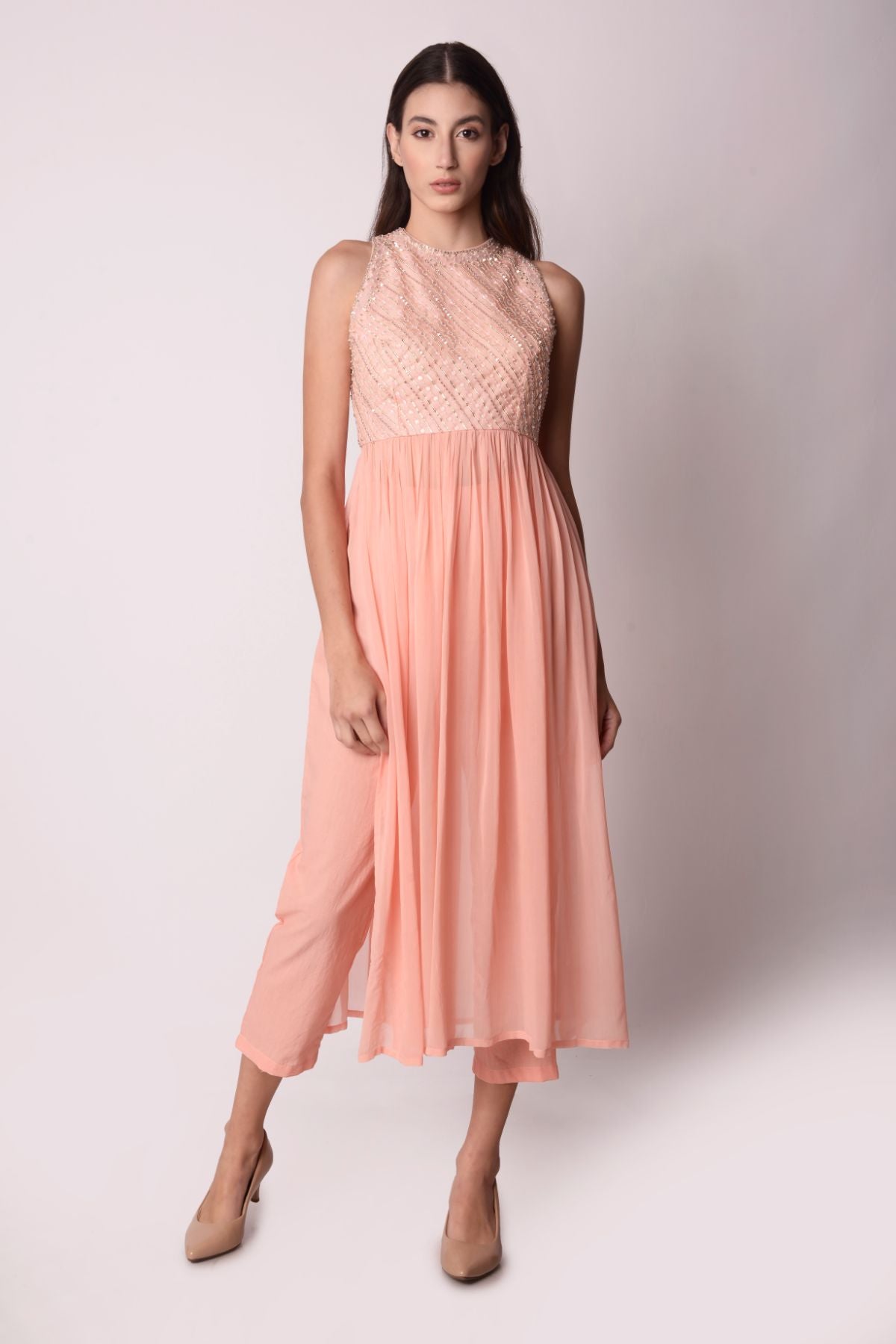 Peach Georgette Gathered Kurta Set