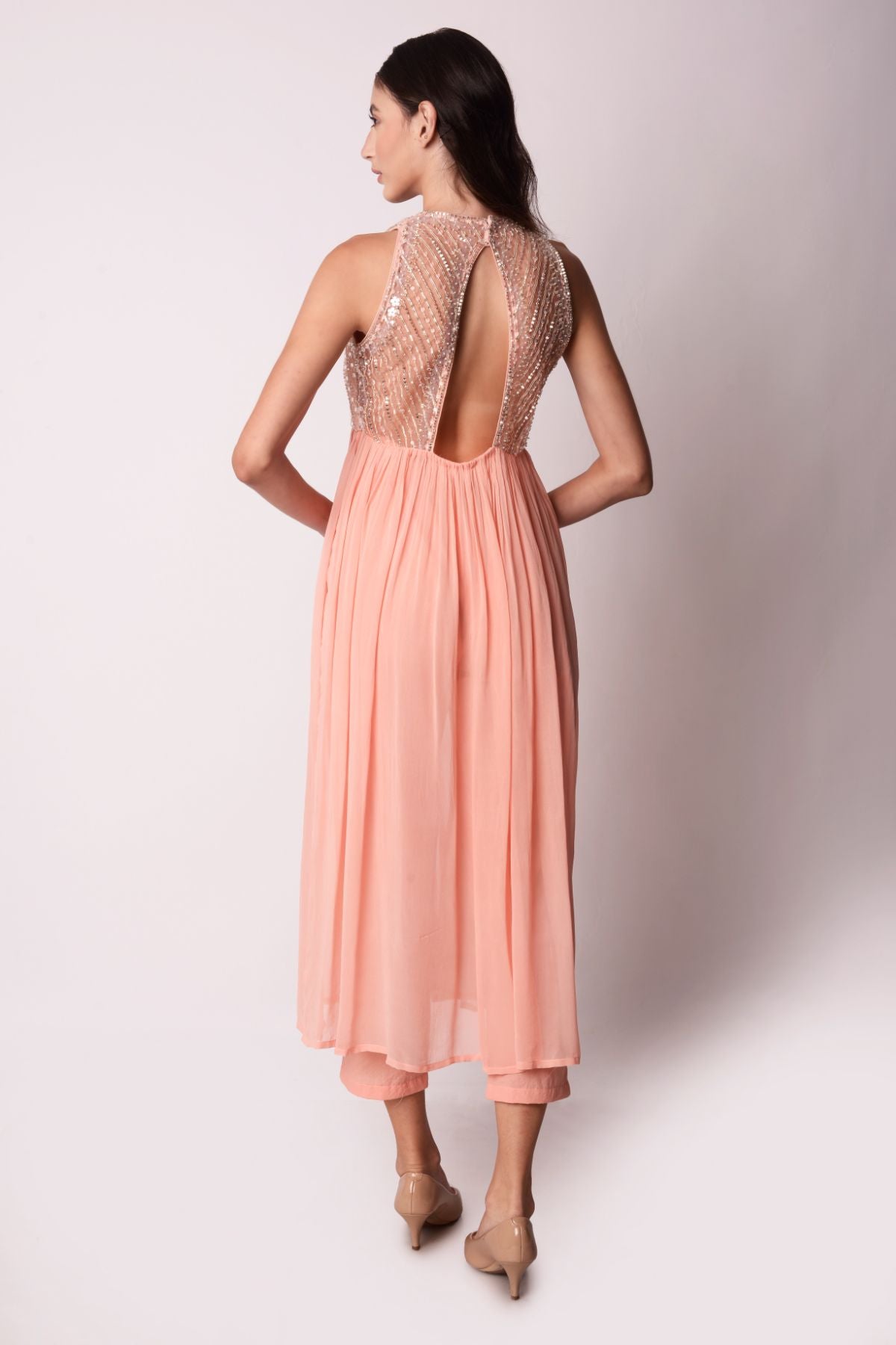 Peach Georgette Gathered Kurta Set