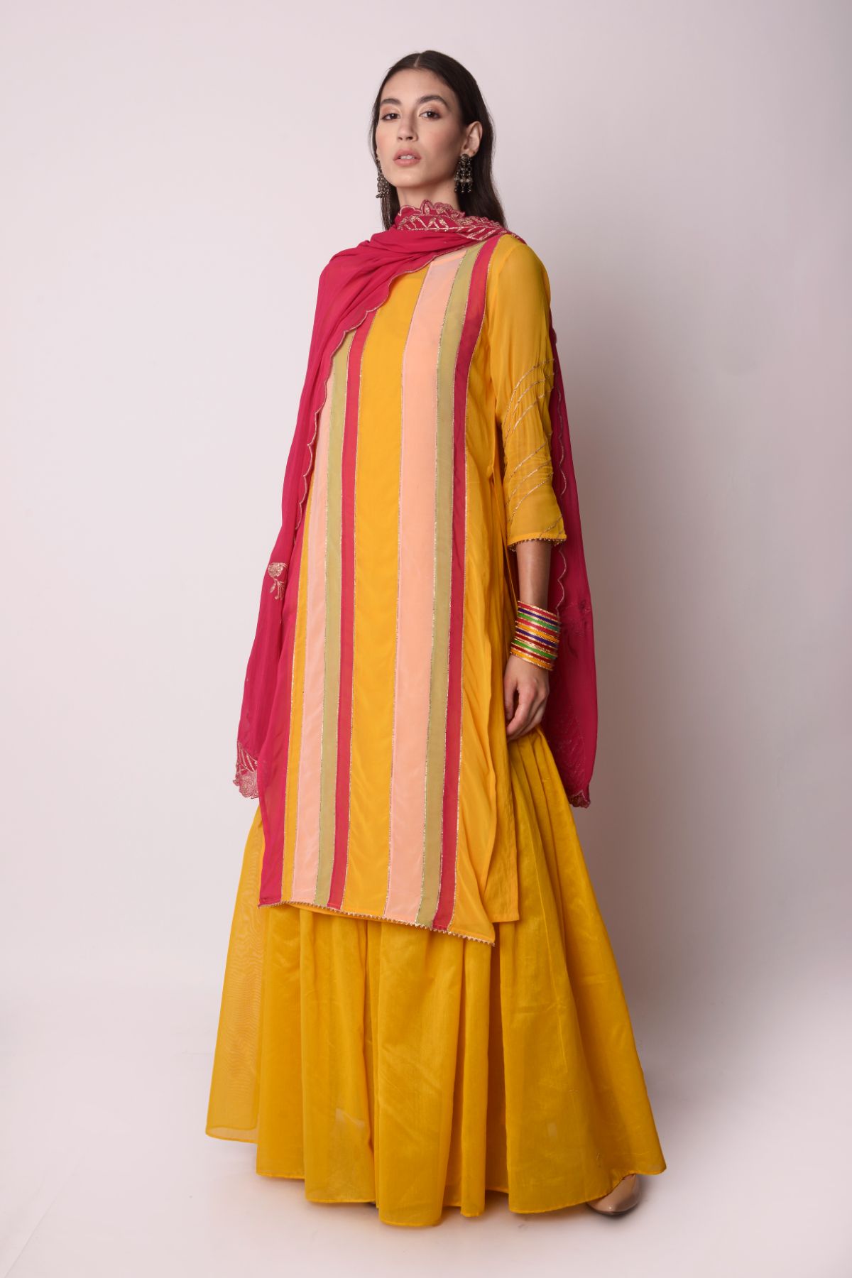 Multicolour Panelled Kurta With Gathered Sharara Set