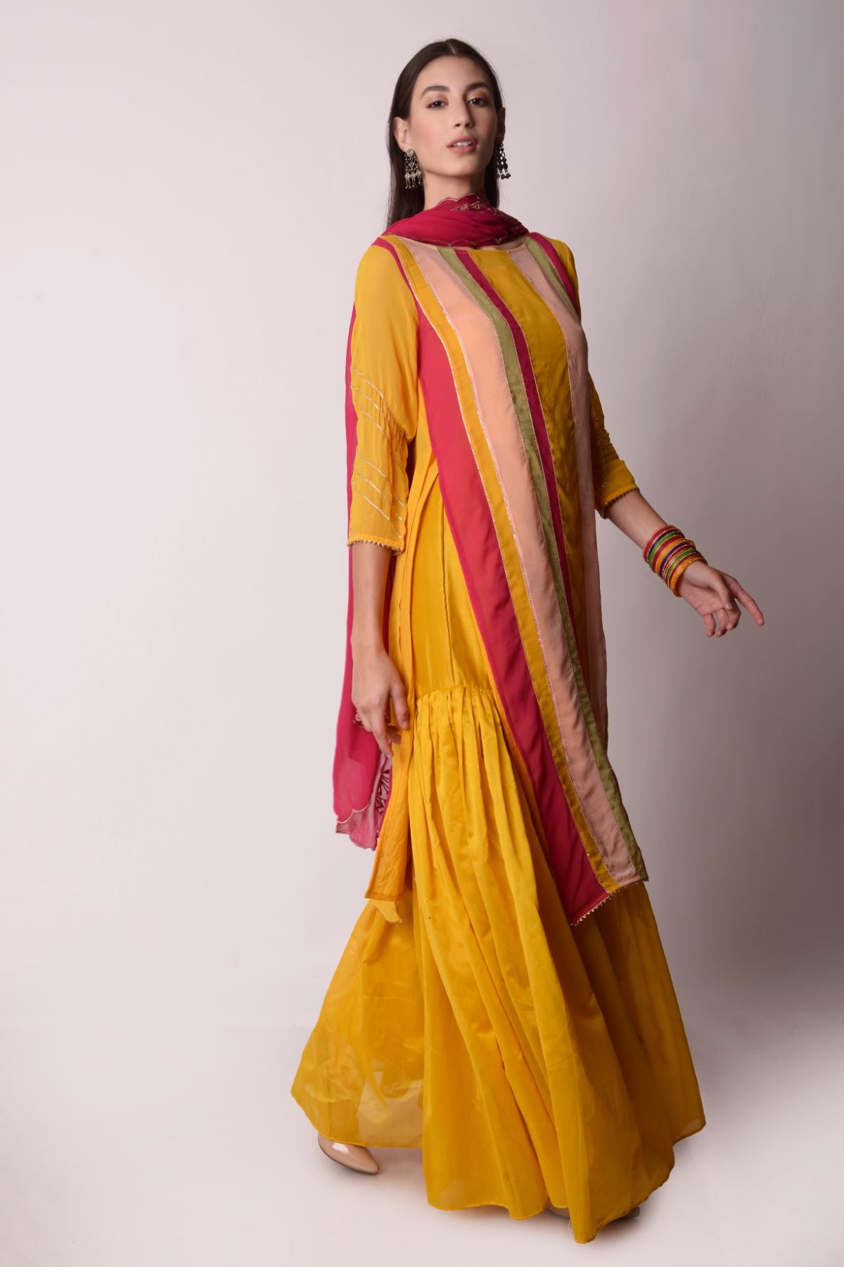 Multicolour Panelled Kurta With Gathered Sharara Set