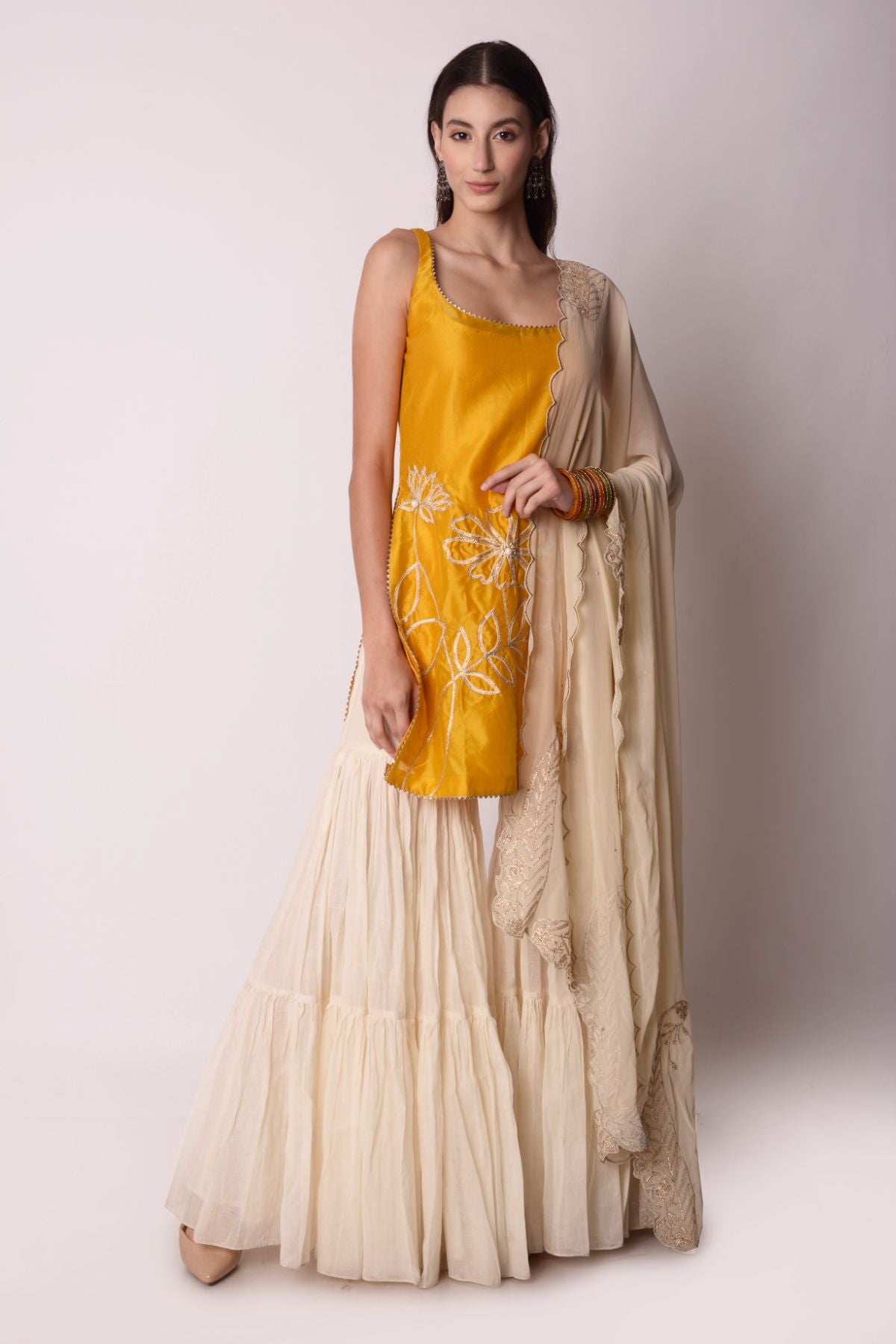 Embroidered Chanderi Short Sleeveless Kurta With Sharara Set