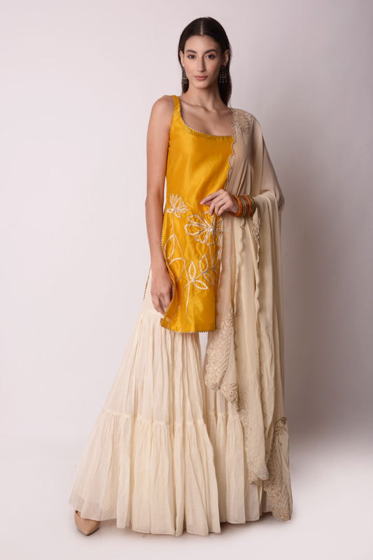 Embroidered Chanderi Short Sleeveless Kurta With Sharara Set