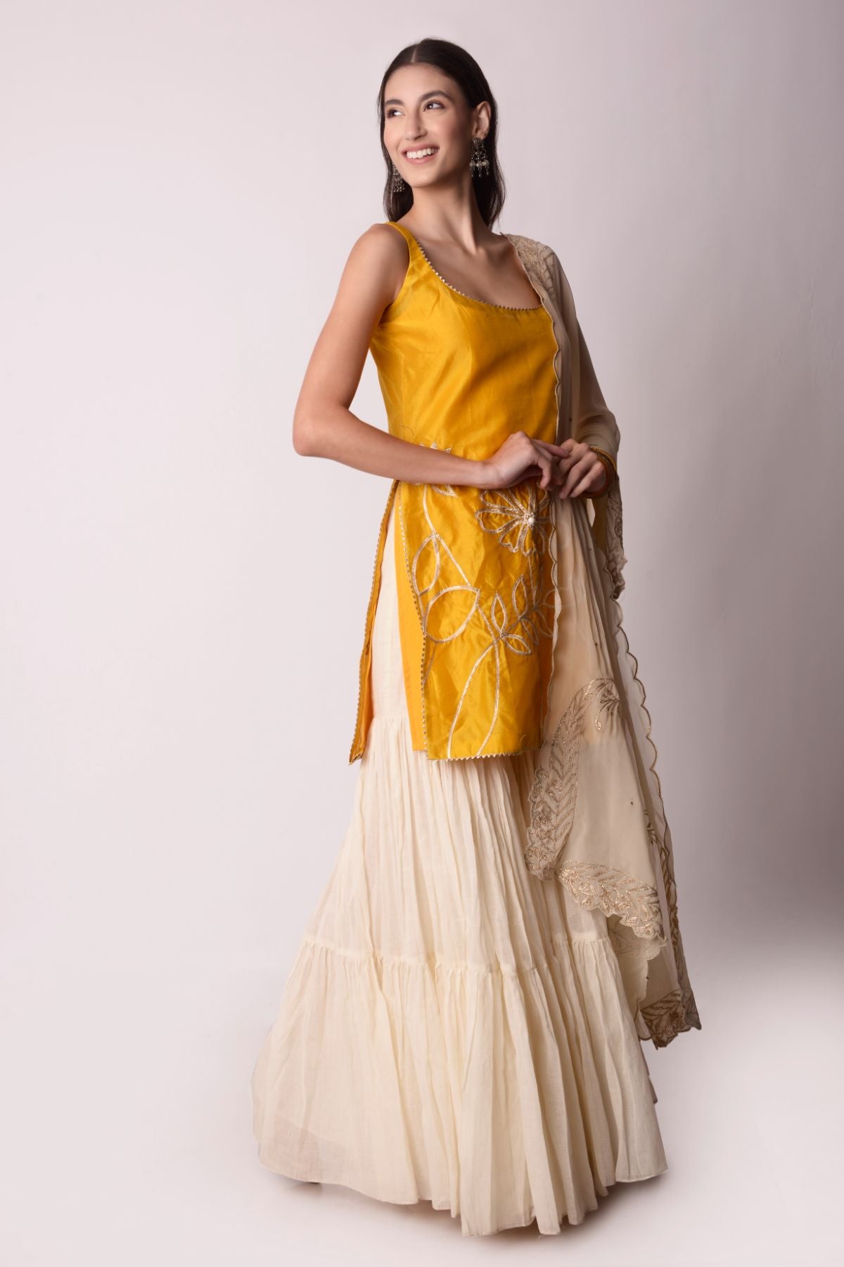 Embroidered Chanderi Short Sleeveless Kurta With Sharara Set