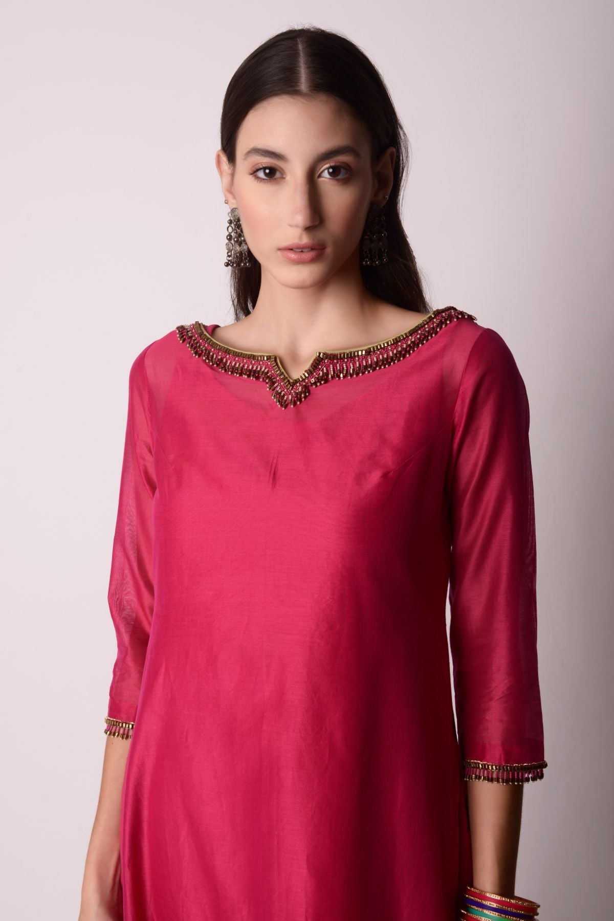 Chanderi Straight Kurta With Cropped Pants And Dupatta