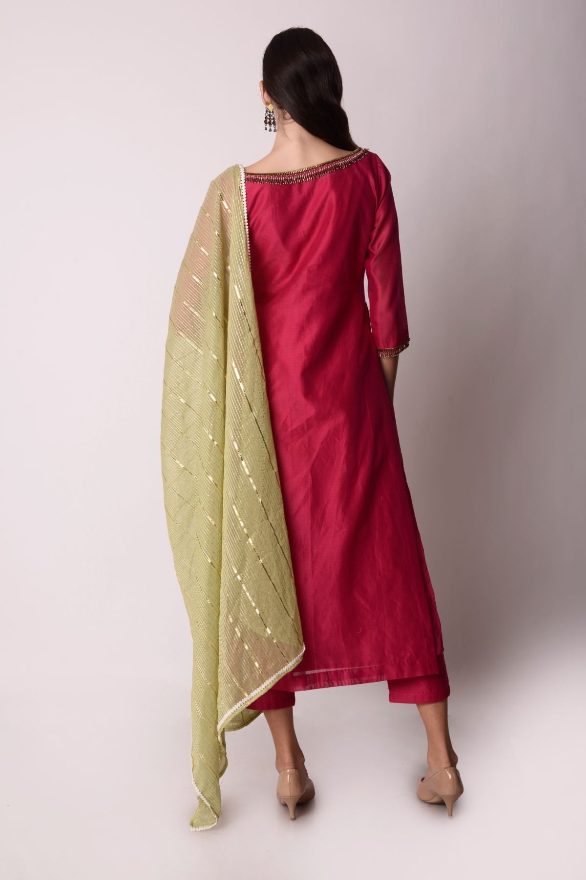 Chanderi Straight Kurta With Cropped Pants And Dupatta
