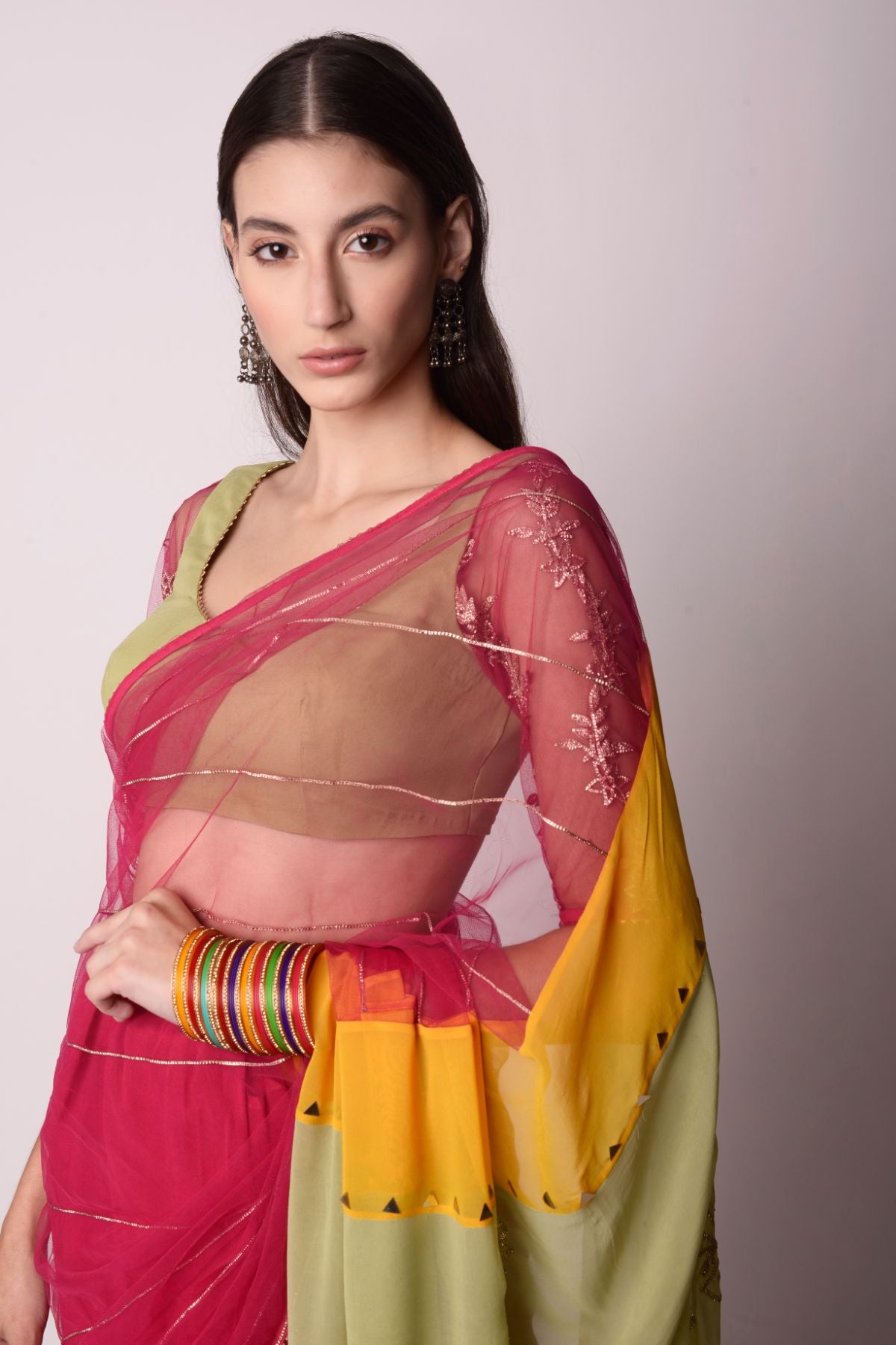 Panneled Multi-colour Saree With Solid Jade Blouse