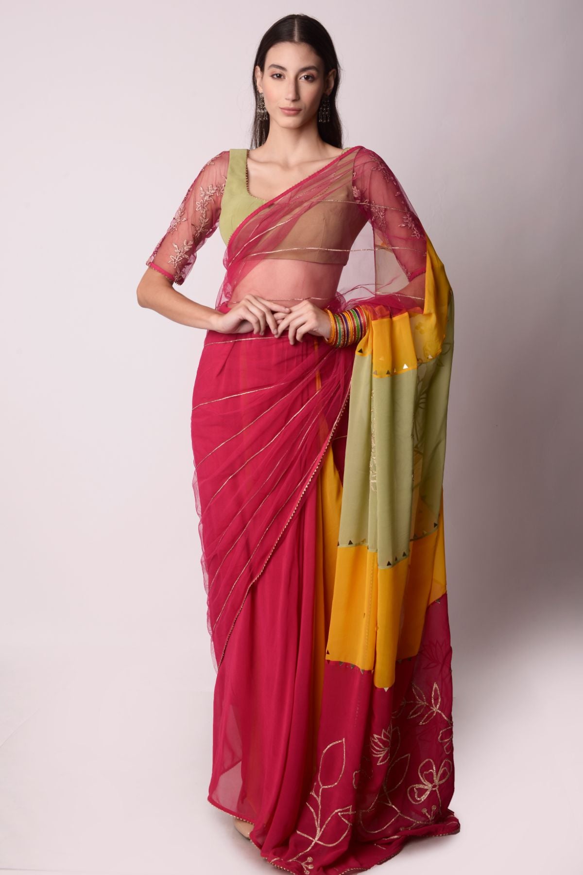 Panneled Multi-colour Saree With Solid Jade Blouse