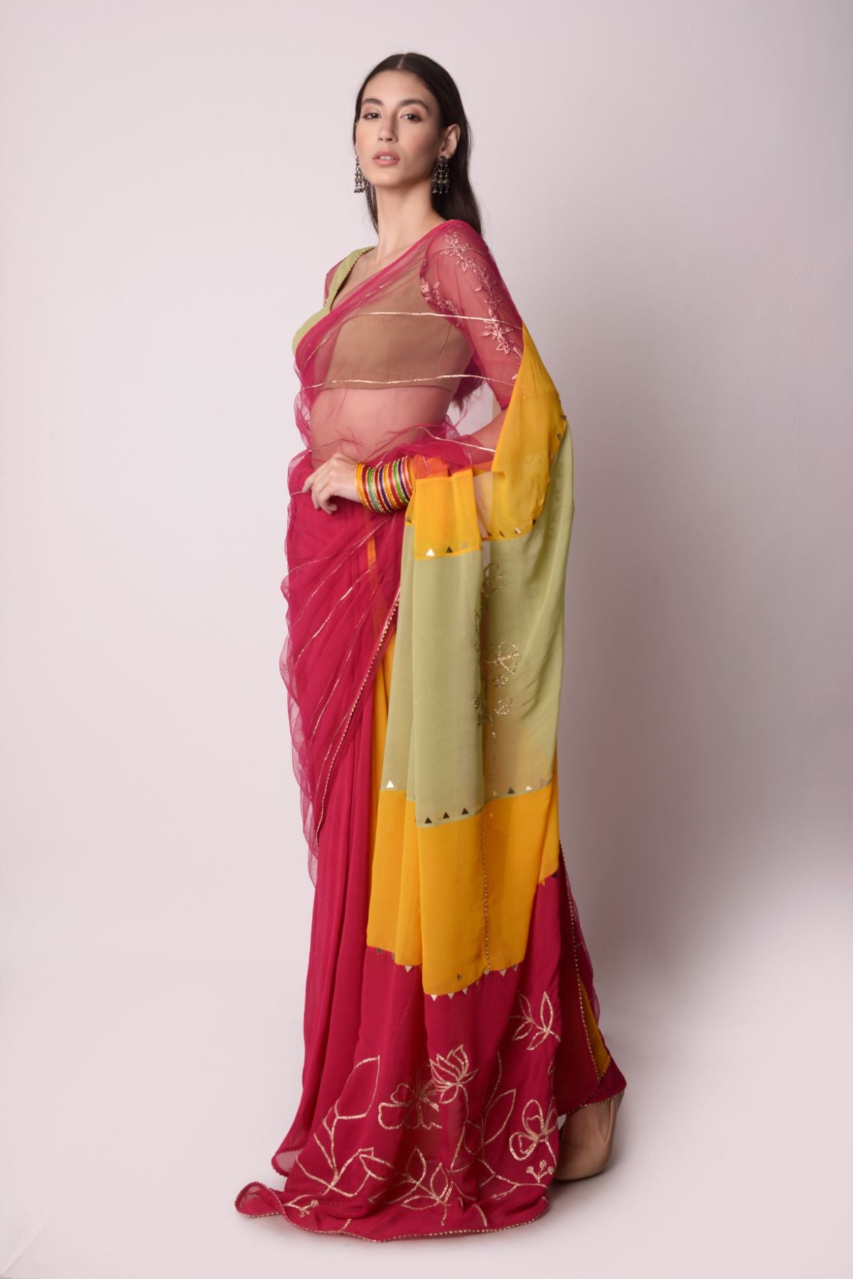 Panneled Multi-colour Saree With Solid Jade Blouse