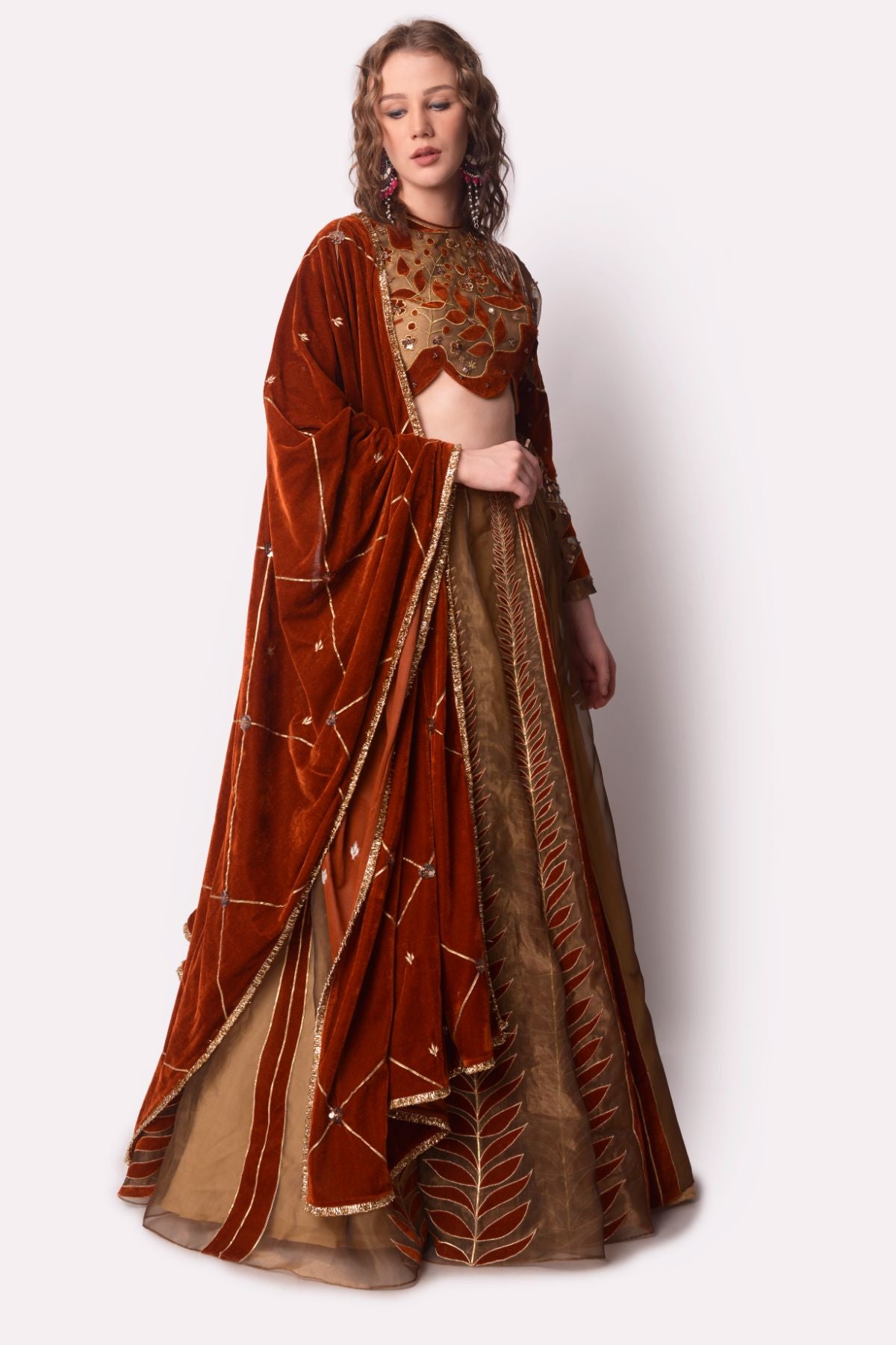 Rust & Gold Patchwork Tissue Lehenga Set