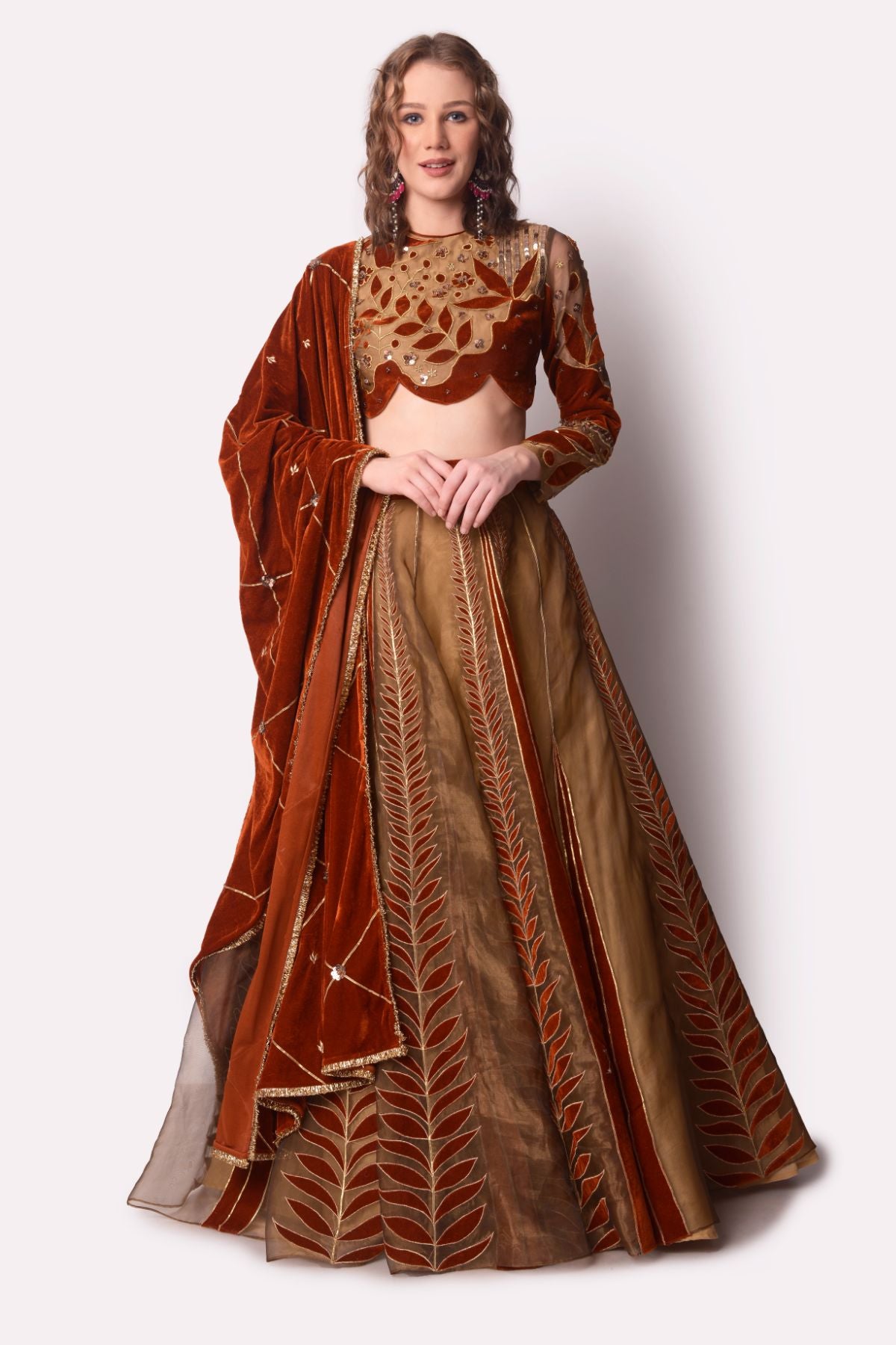 Rust & Gold Patchwork Tissue Lehenga Set