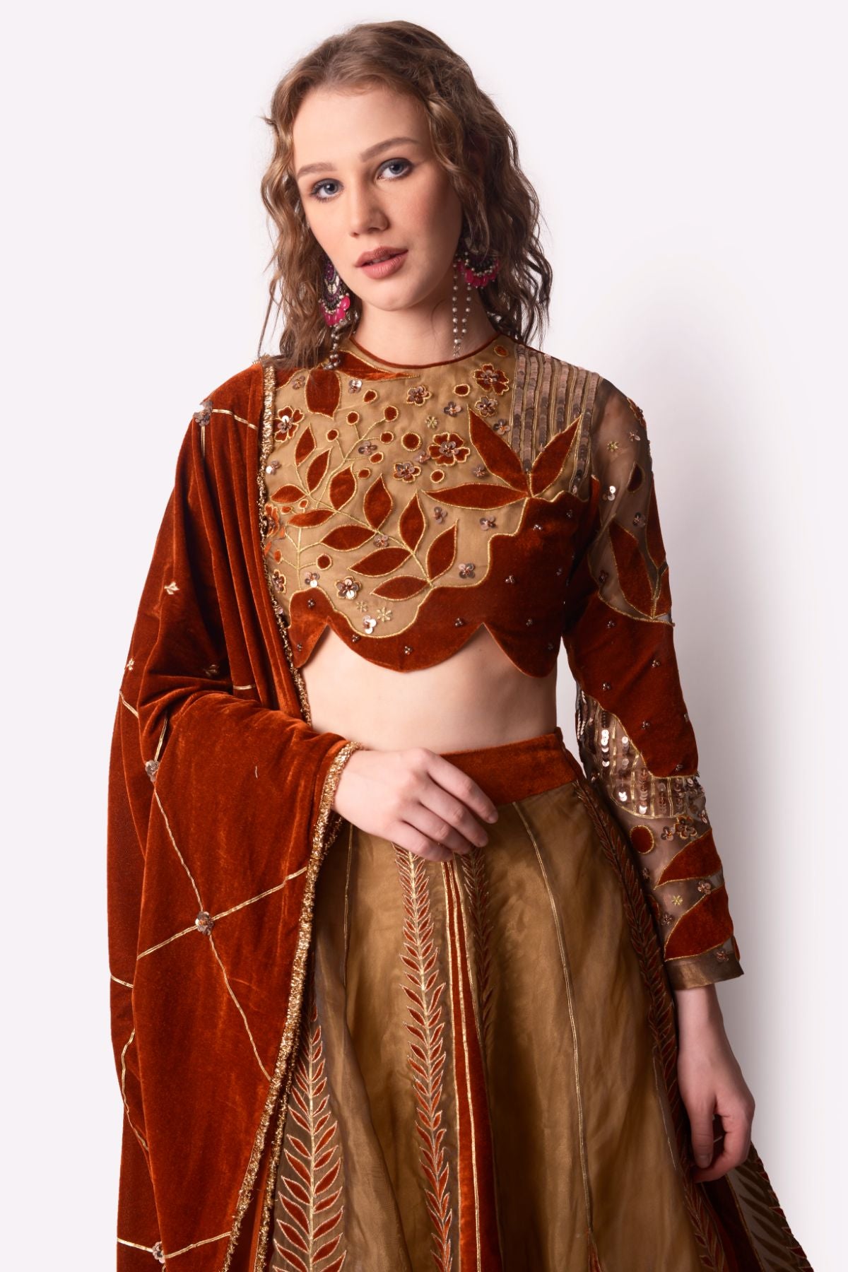 Rust & Gold Patchwork Tissue Lehenga Set