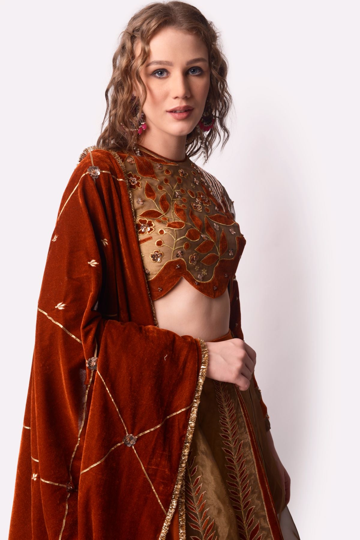 Rust & Gold Patchwork Tissue Lehenga Set