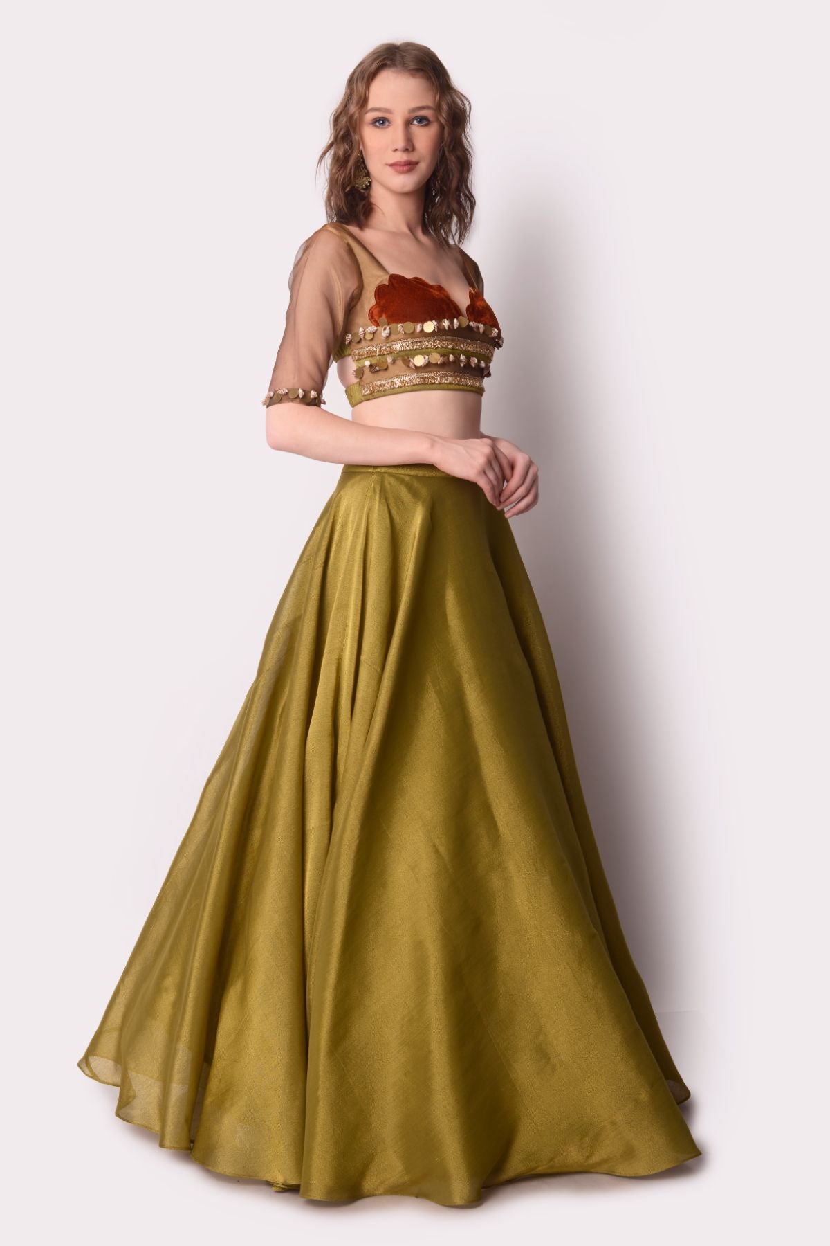 Rust Velvet Tissue Lehenga Set