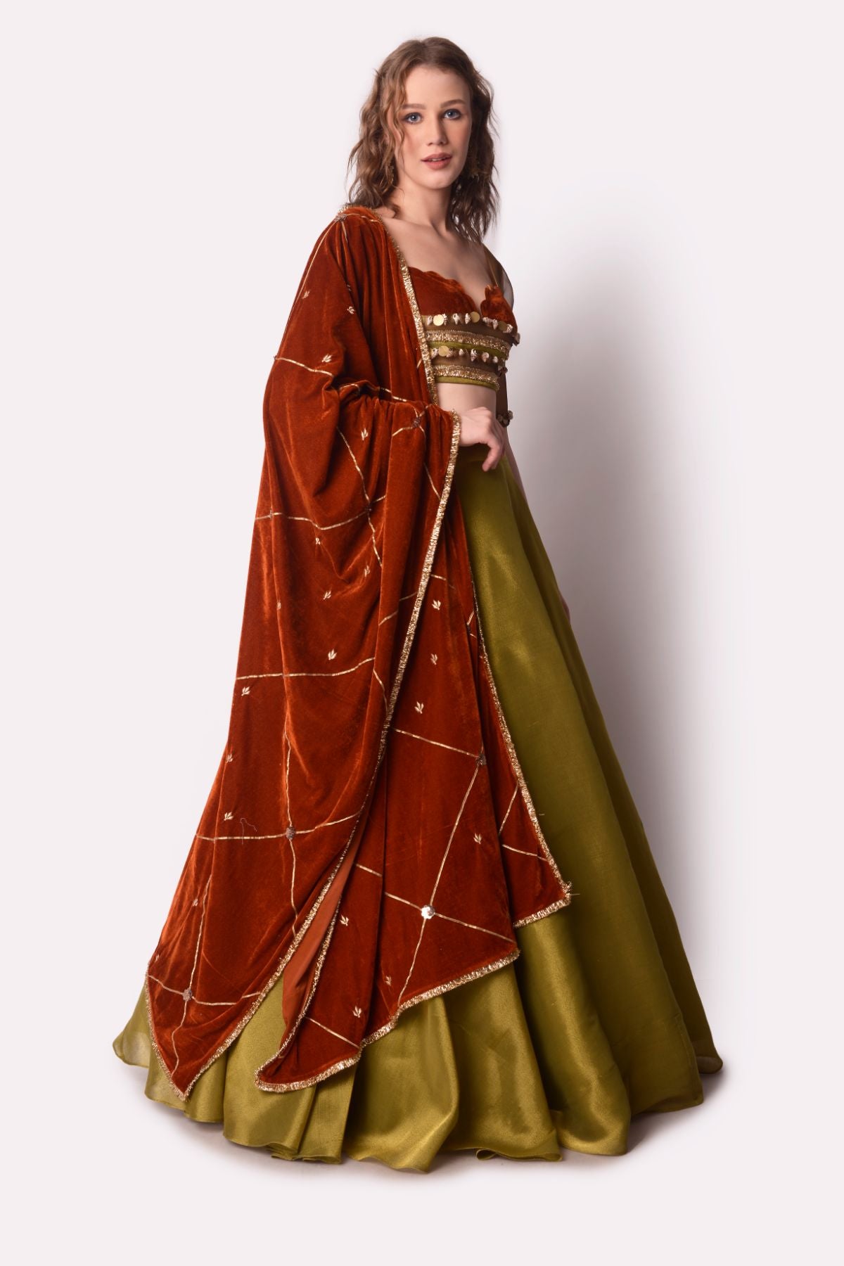 Rust Velvet Tissue Lehenga Set