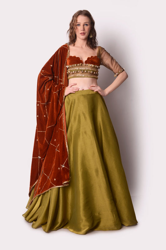 Rust Velvet Tissue Lehenga Set