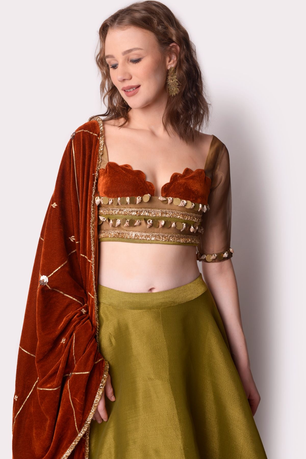 Rust Velvet Tissue Lehenga Set