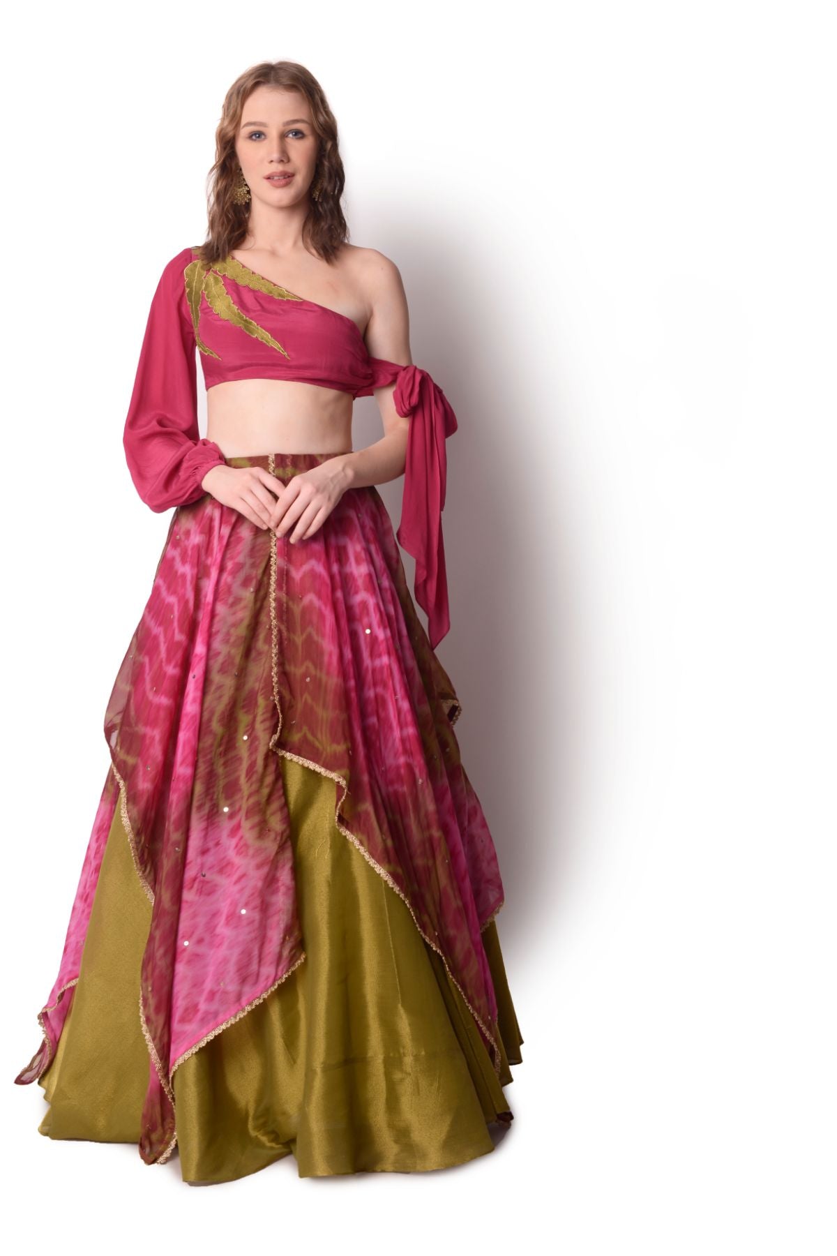 Tie –dye Layered Lehenga Paired With One Shoulder Tie Up Blouse