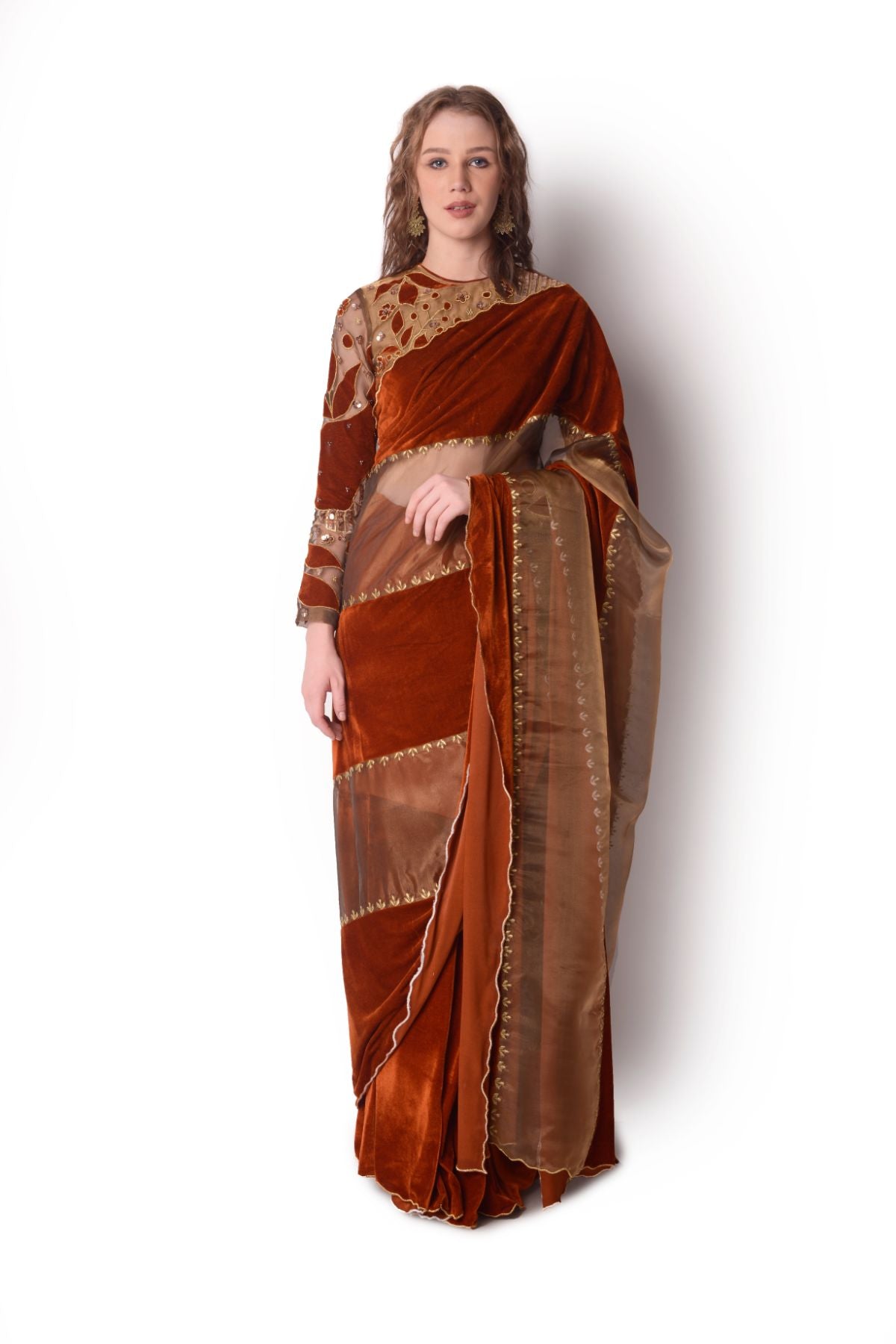 Patchwork Velvet Saree Paired With Blouse