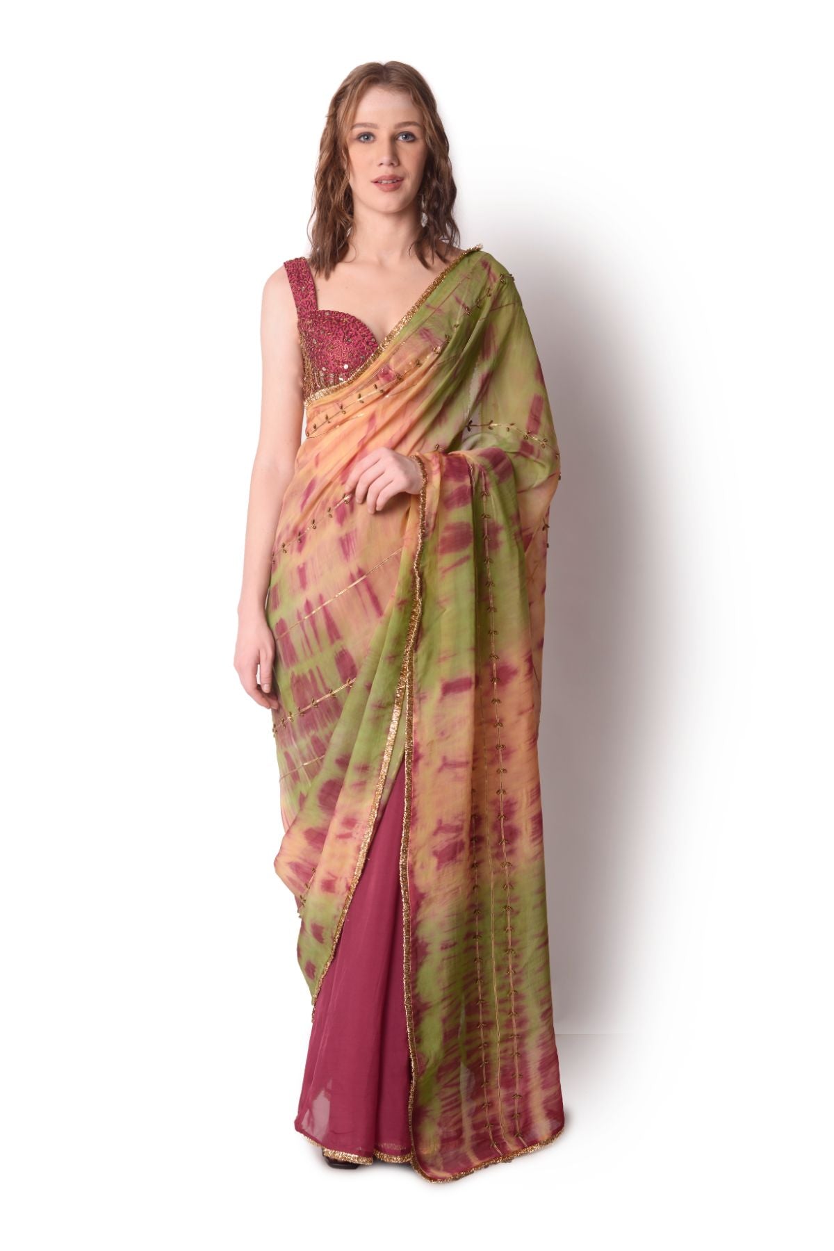 Tie-dye Saree Paired With Hand Embroidered Blouse