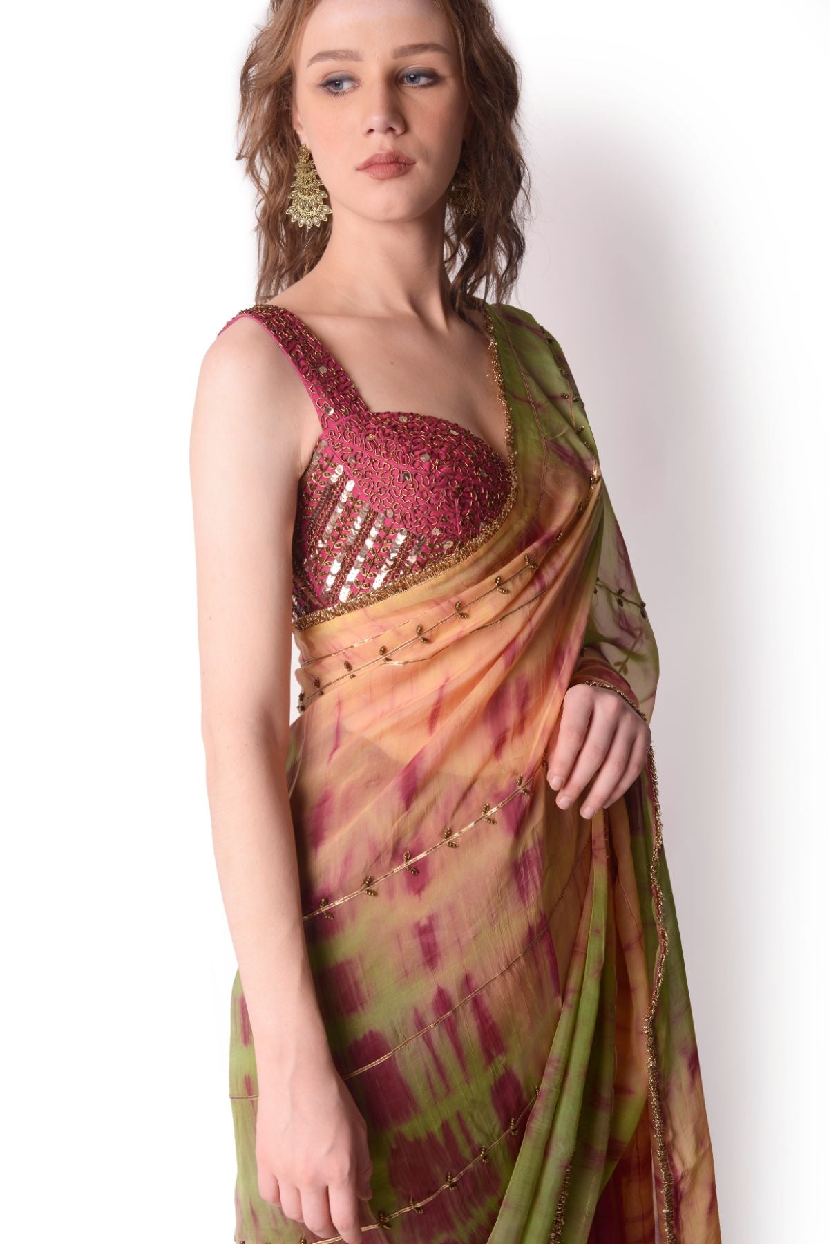 Tie-dye Saree Paired With Hand Embroidered Blouse