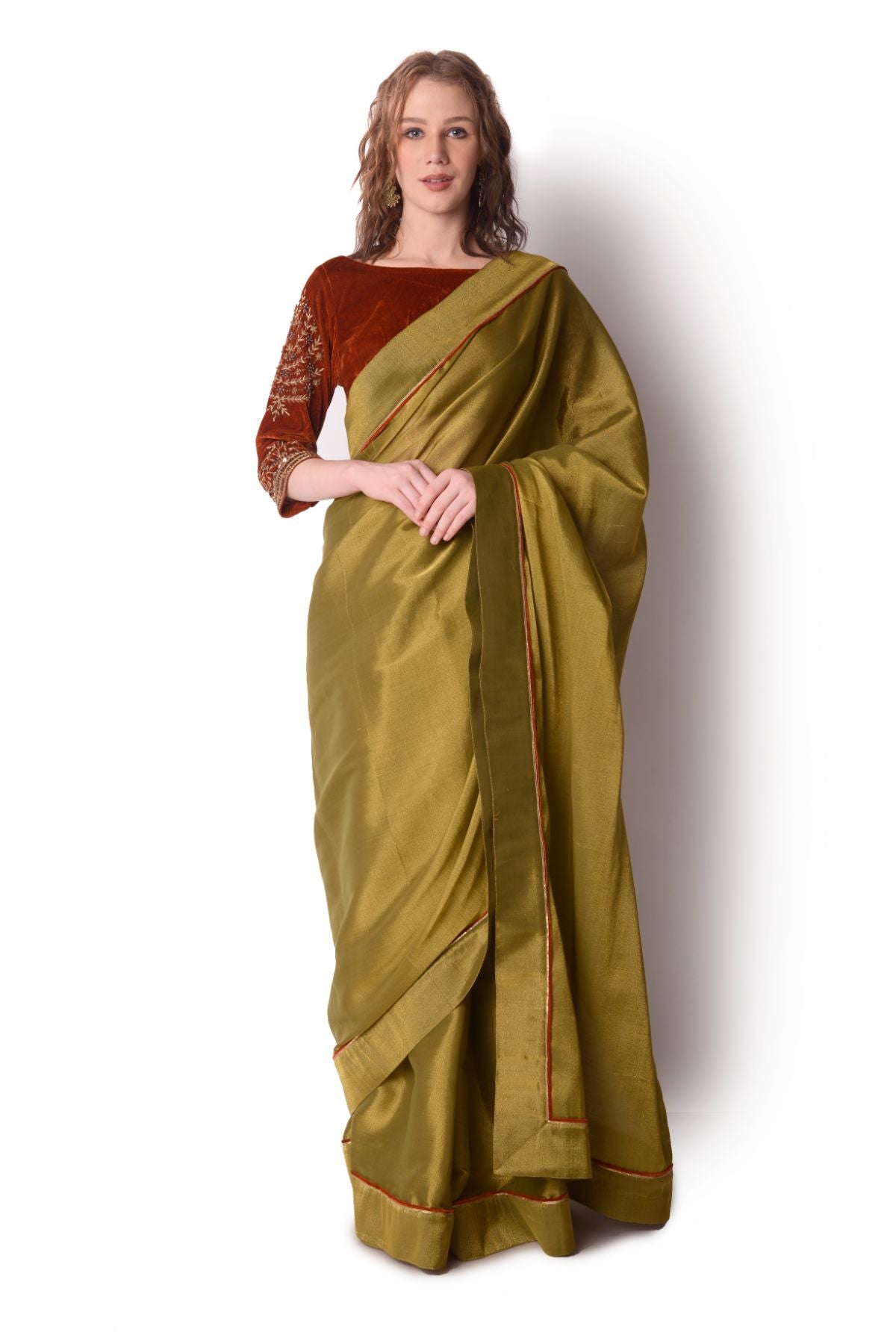 Rust & Olive Tissue Saree Set