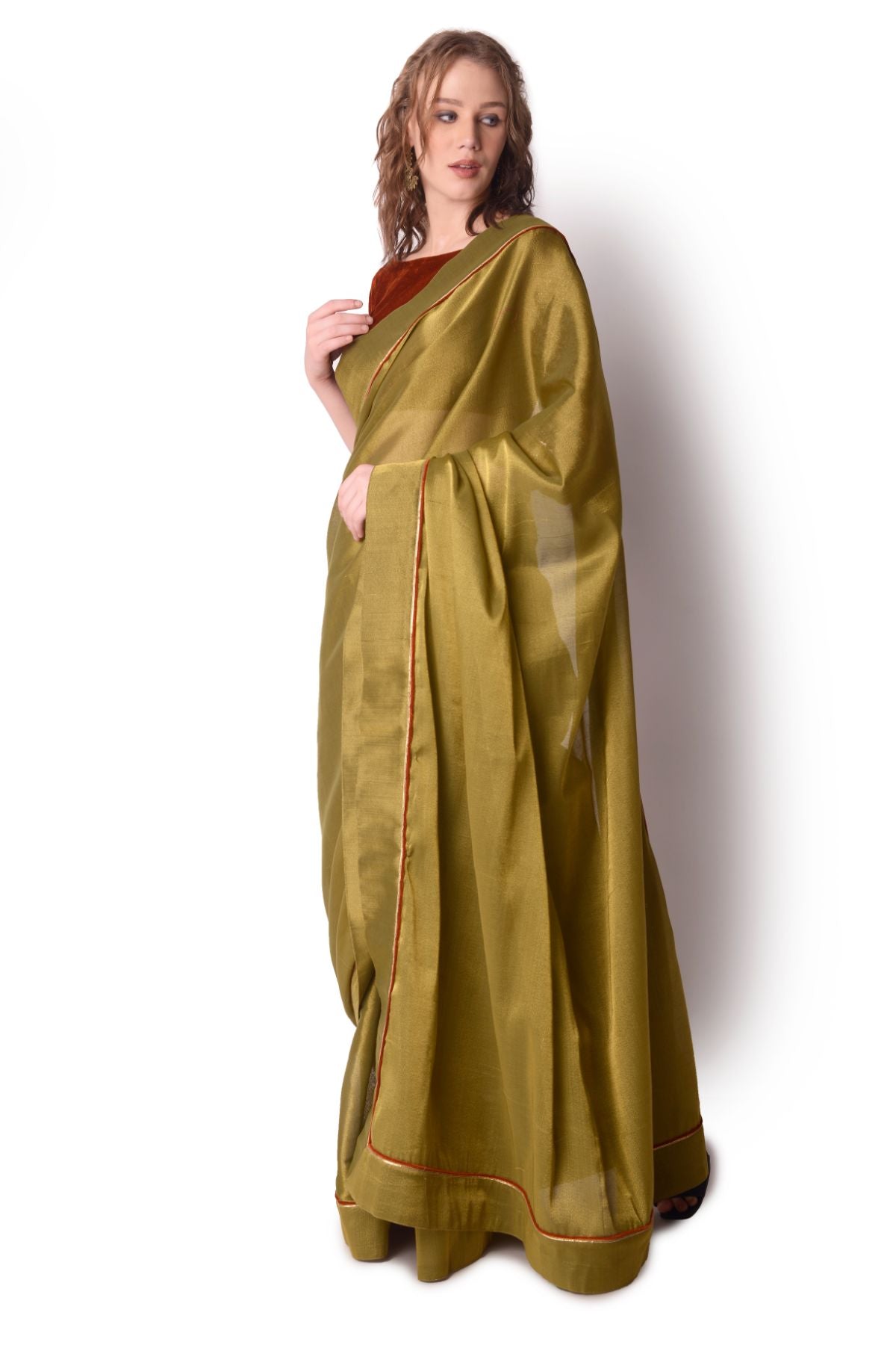 Rust & Olive Tissue Saree Set
