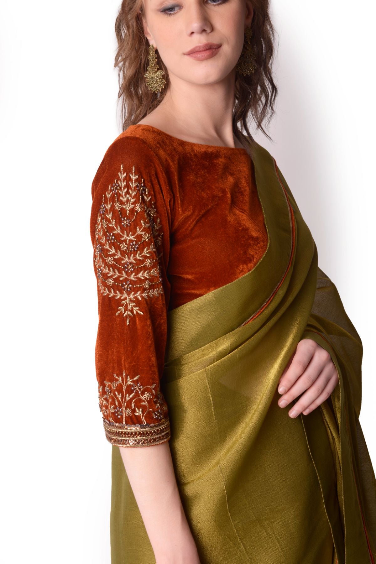 Rust & Olive Tissue Saree Set