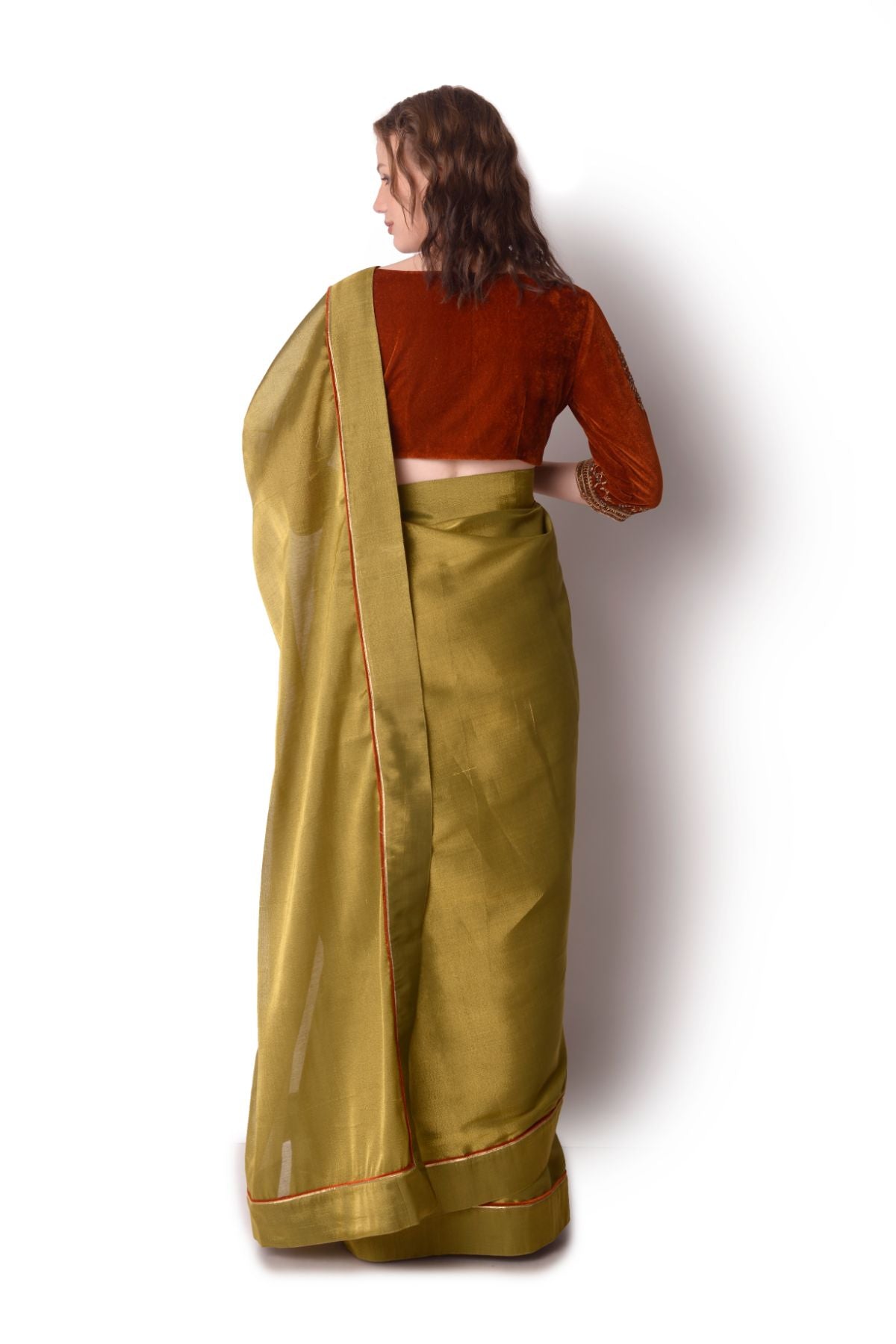 Rust & Olive Tissue Saree Set
